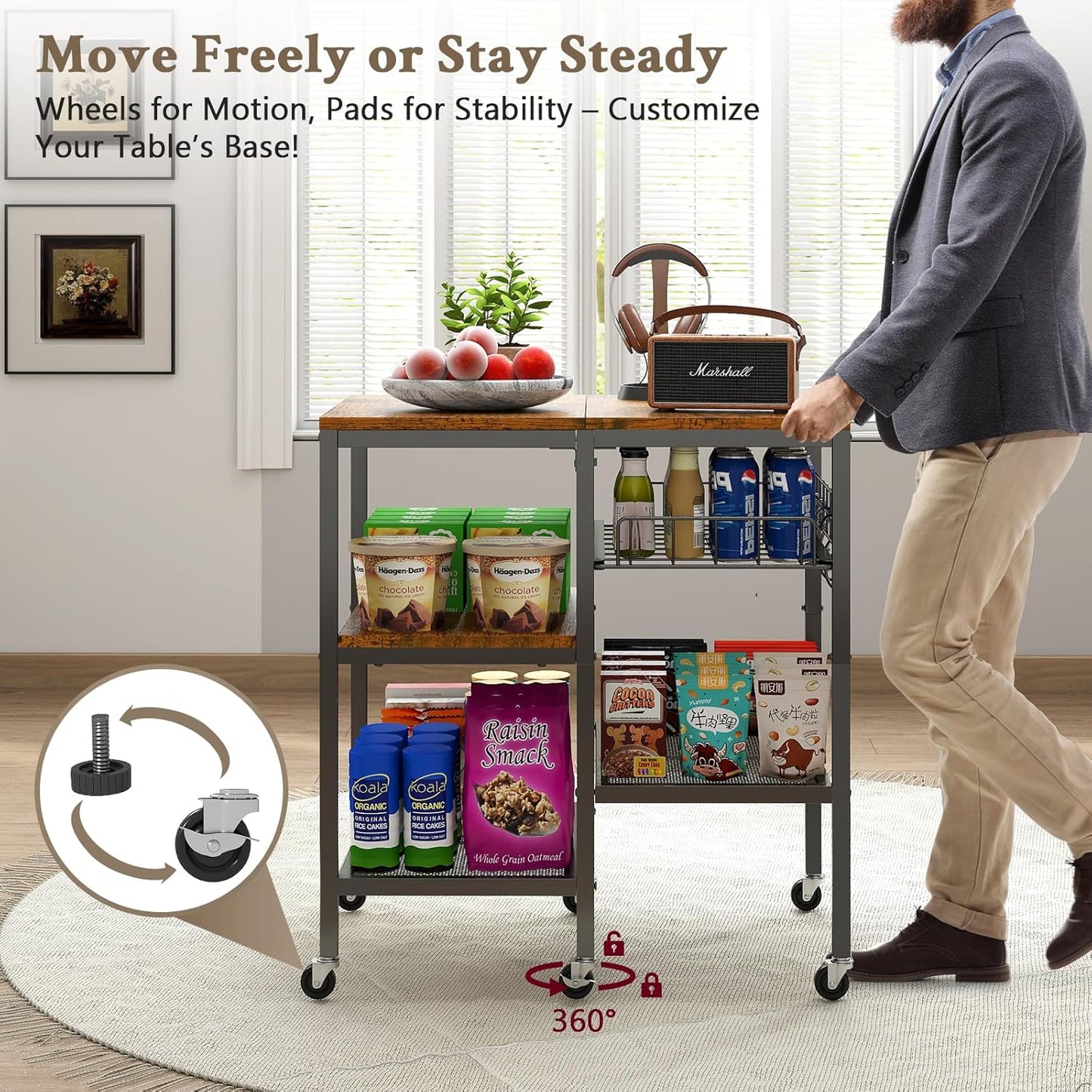 Hadulcet 4-Tier Adjustable Microwave Stand with Storage on Wheels - Rolling Kitchen Cart & Mobile Coffee Bar, Standing Baker's Rack for Kitchen Island, Office, Living Room