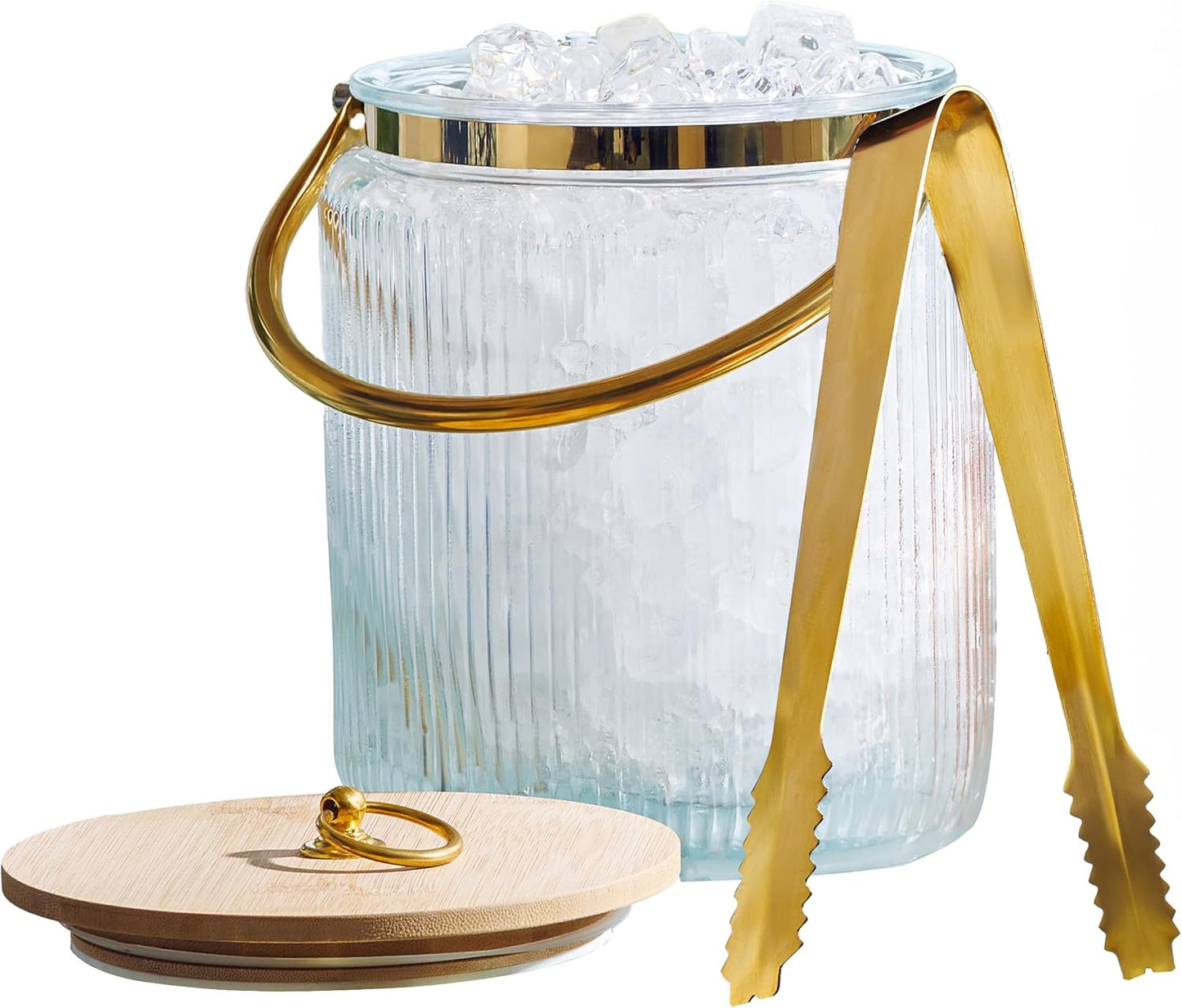 Le'raze Glass Ice Bucket with Airtight Lid, Tong Scooper and Handle - 