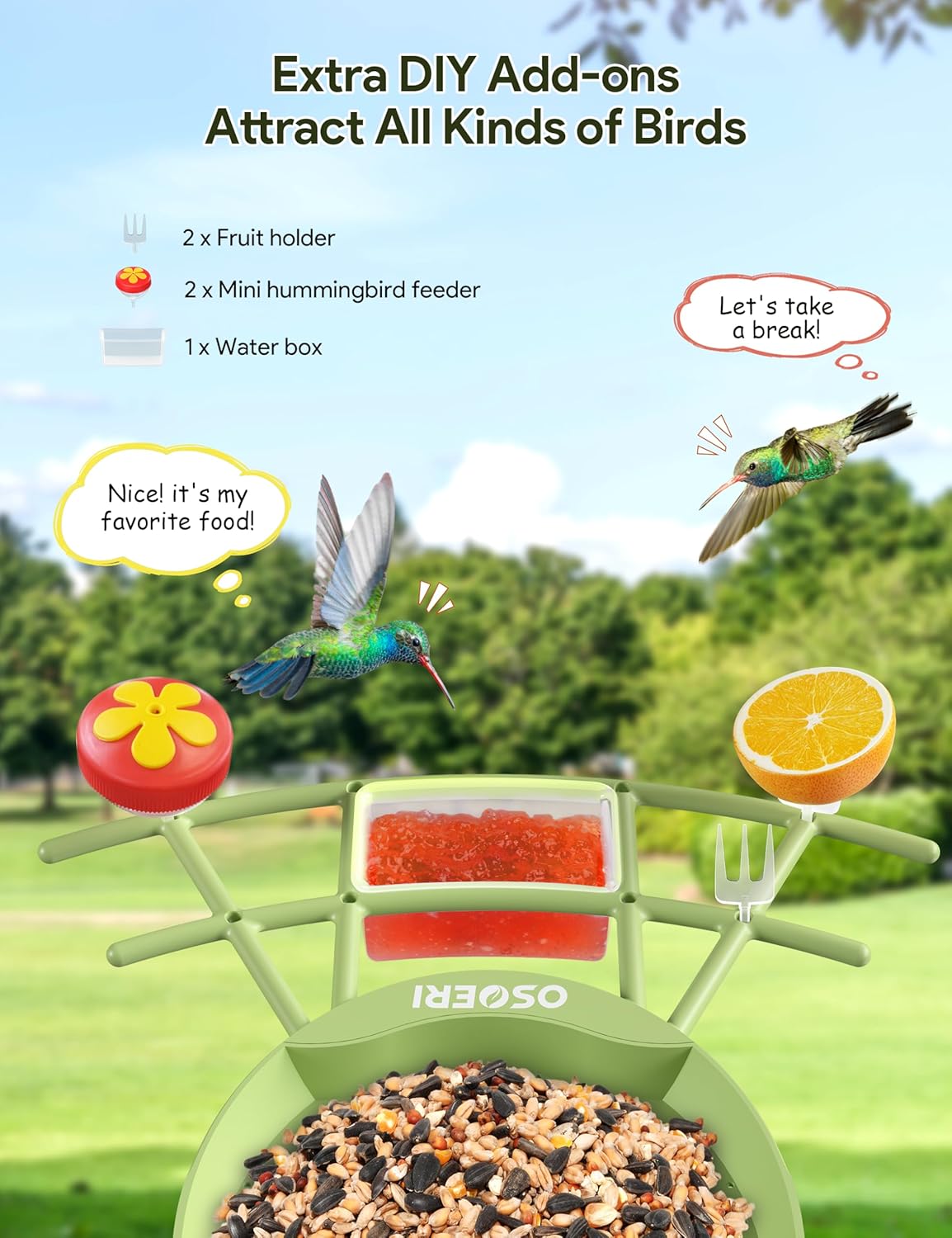 Osoeri AI Smart Bird Feeder with Camera - 2K HD Live Video & AI Identify Birds, Solar Powered Birdfeeder for Outdoors, 2.4GHz WiFi, Real-Time Alerts, Best Gifts for Bird Lovers & Families