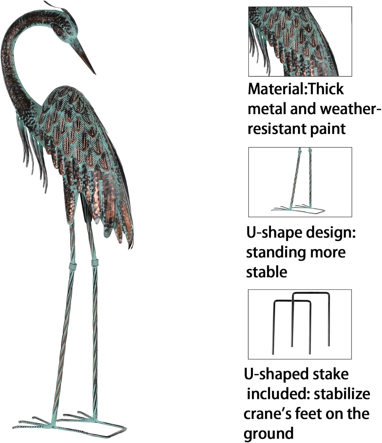 Kircust Garden Crane Statues, Standing Metal Patina Heron Decoy Outdoor Statue, 42-46 Inch Bird Yard Art for Patio Lawn Pond, Set of 2