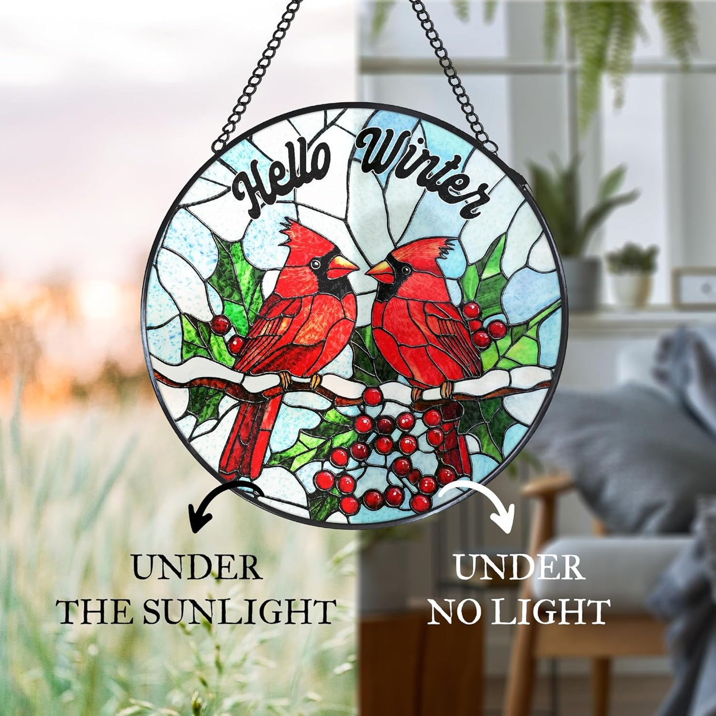Cardinal Stained Glass Window Hanging Suncatcher, Hello Winter Christmas Bird Sun Catcher Indoor Window Decor, Cardinal Christmas Painted Glass Round Wall Hanging Decorations, 7.8x7.8 in