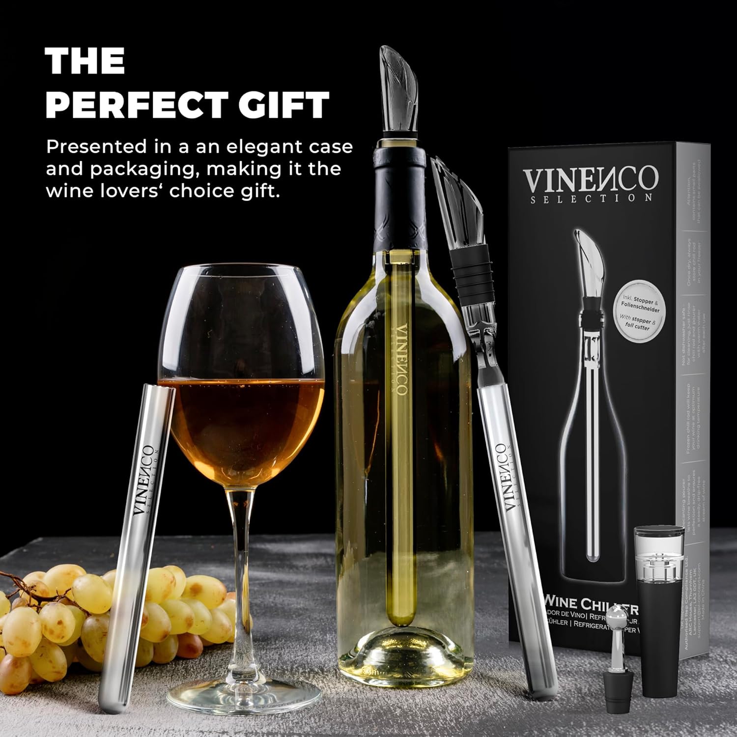 Wine Chiller Set & Chill Rods + Foil Cutter, Stopper, Ebook - Premium 