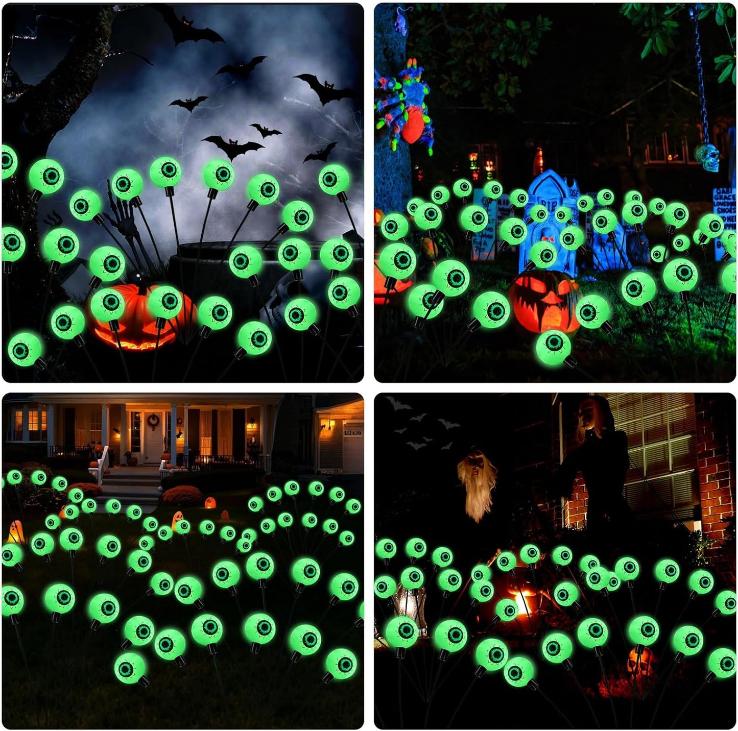 AIKEI Solar Halloween Lights Outdoor, Solar Scary Eyeball Lights, 2 Pack 12 LED Eyeball Swaying Firefly Lights,Waterproof Halloween Decoration for Yard Garden Party Supplies,Green Lights