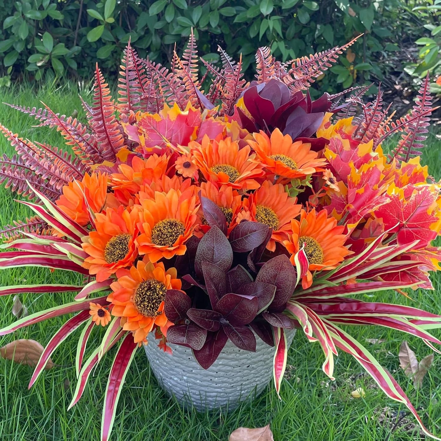 Artificial Sunflowers Flowers Faux Plants Greenery for Fall Thanksgiving Outdoor, 12 Bundles Fake Silk Bushes Foliage Look Real UV Resistant for Outside Planters Porch Pot Decor