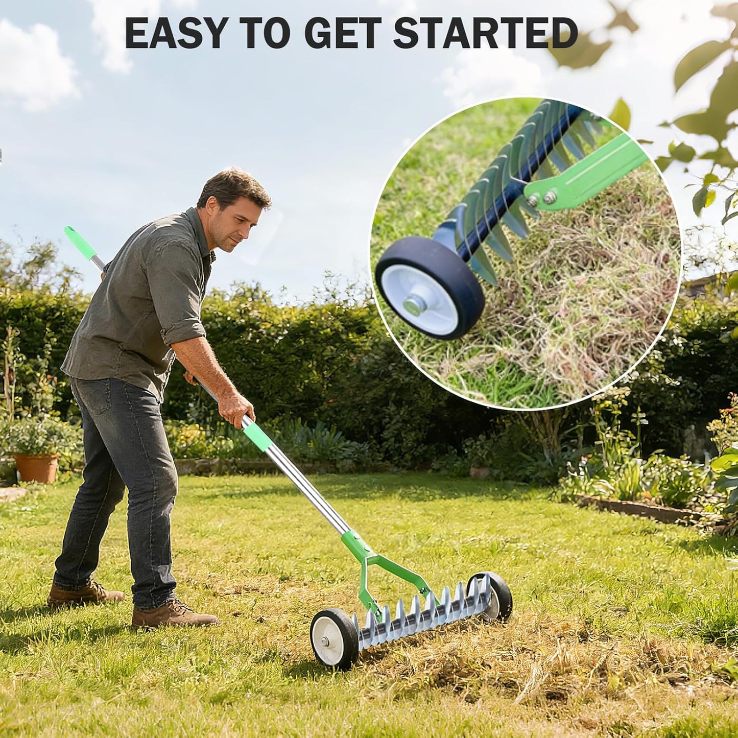 Adjustable Lawn Thatch Rake with Wheels - Comes with Protective Garden