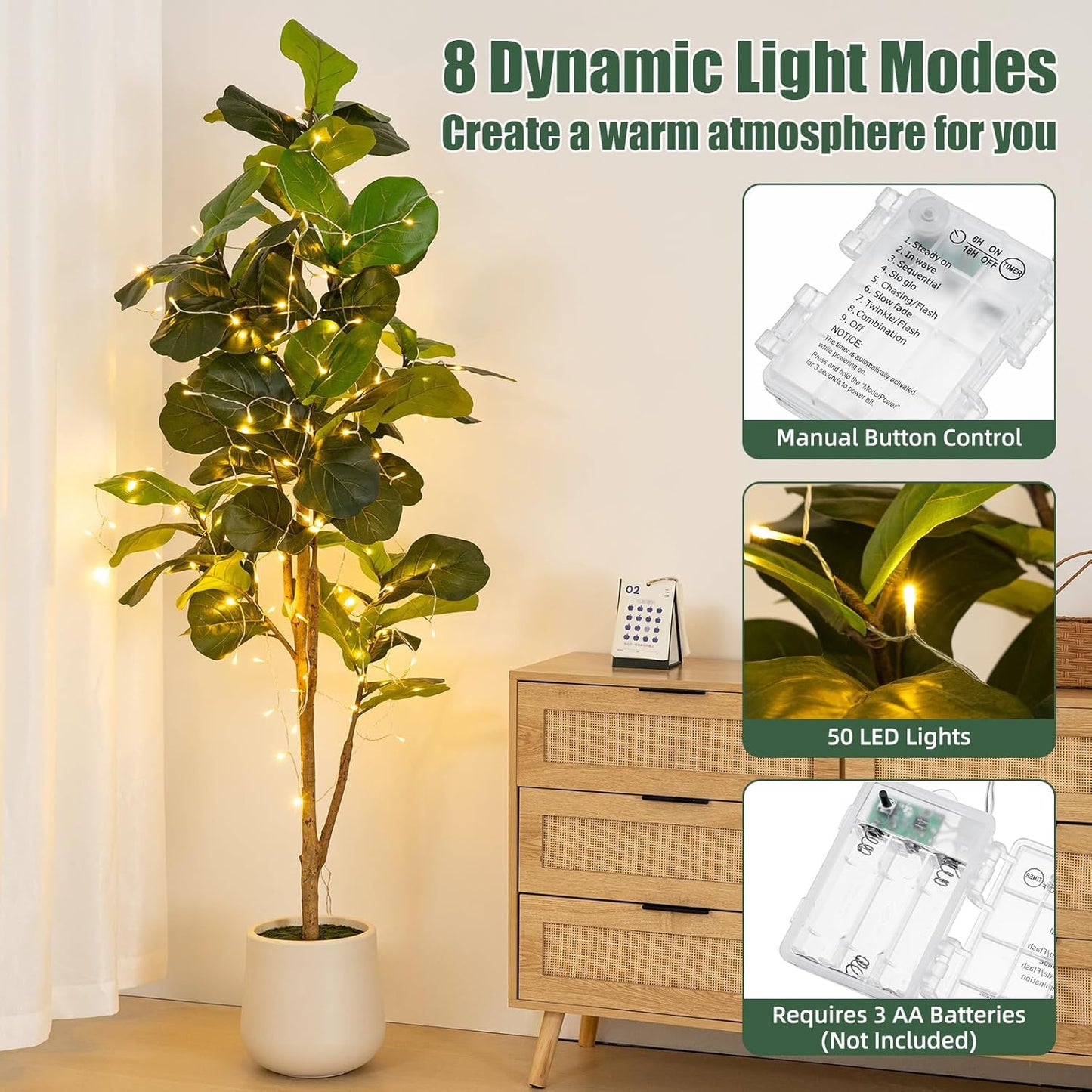 6ft Artificial Fiddle Leaf Fig Tree with LED Fairy Lights & White Planter - Lifelike Faux Ficus Lyrata Plant in Pot with Natural Trunk for Home Office Living Room Bathroom Corner Decor Indoor Outdoor