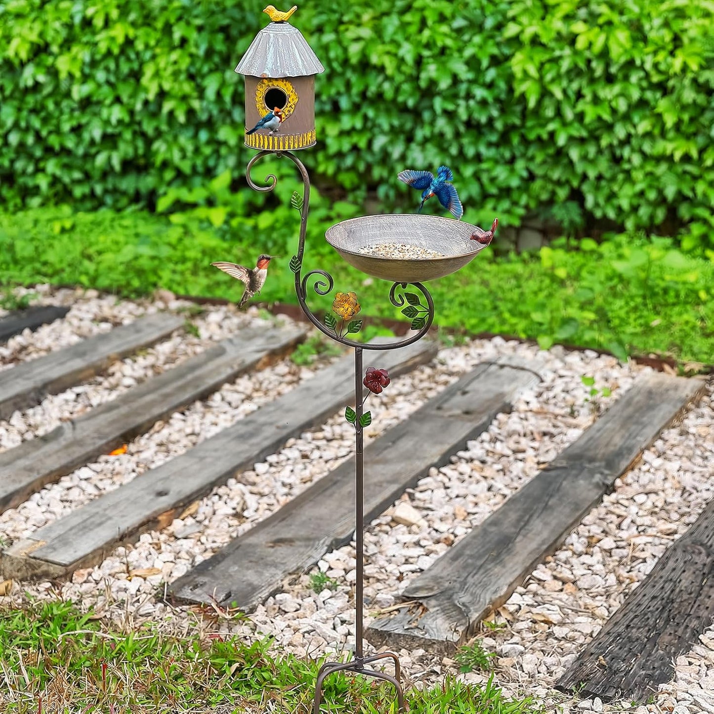 56" Tall Bird Baths for Outdoors, Metal Bird Bath and Birdhouse with Pole, Garden Bird Houses with Feeder on Stake, Standing Birdbath and Bird House for Outside, Outdoor Birdbaths with 4-Prong Base