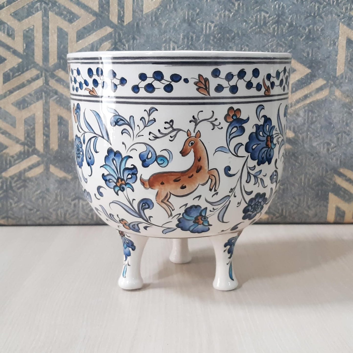 Handmade and Hand-Decorated Planter Pot, Chinoiserie Pot, Blue and White Pot