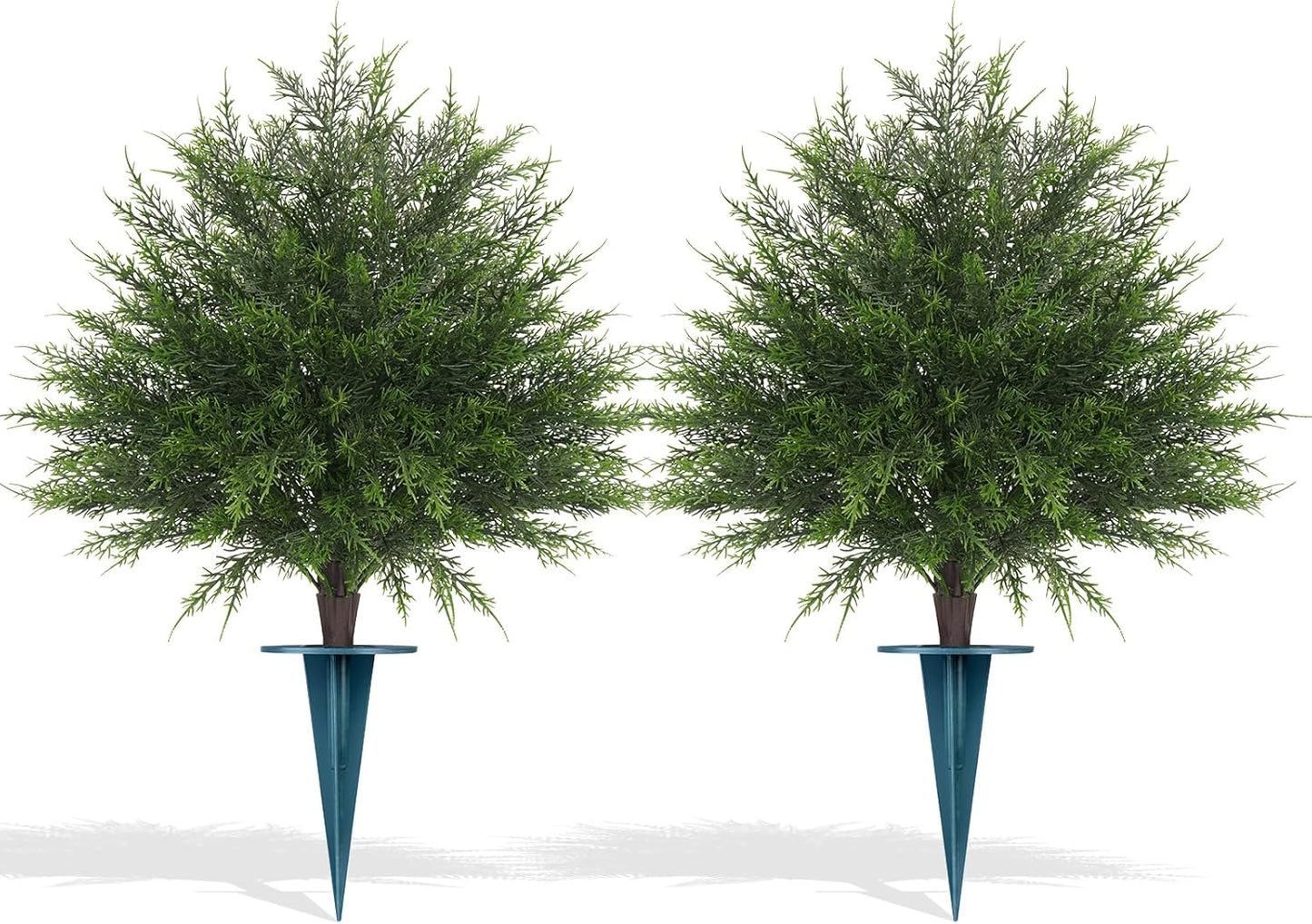 Artificial Cypress Topiary Bushes with Spike, 2 Pack Faux UV Resistant Cedar Ball Trees for Outdoor Planters, Fake Shrubs Plants for Porch Garden Decor