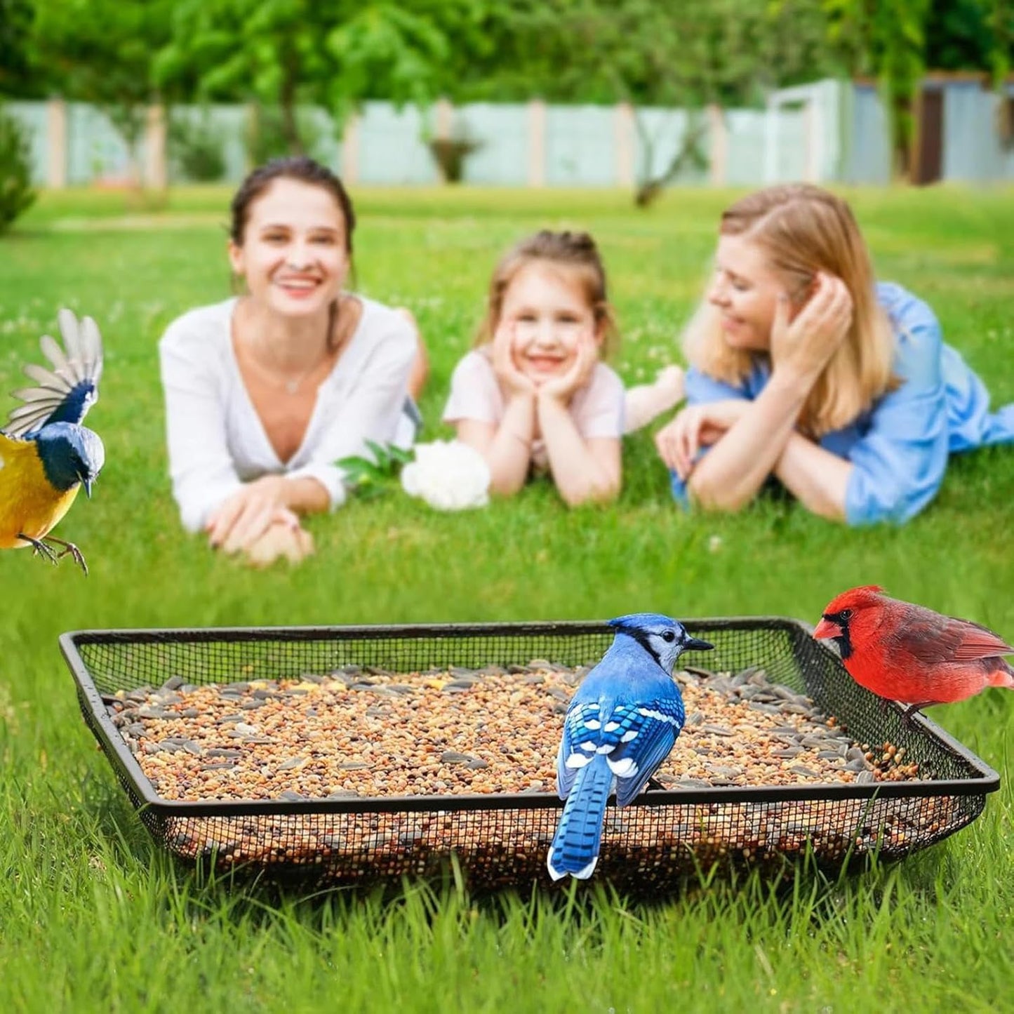 Wild Bird Feeders, Square Ground Tray Feeder, Metal Mesh Bowl for Feeding Birds, Stainless Steel Bird Feeder with Mesh Design, Outdoor Garden Station with Wildlife Access, Blue Jay Squirrel Feed Use