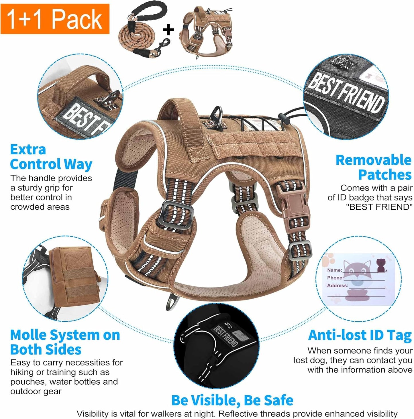 Heavy Duty Tactical Dog Harness for Large Dogs, No Pull Adjustable Pet