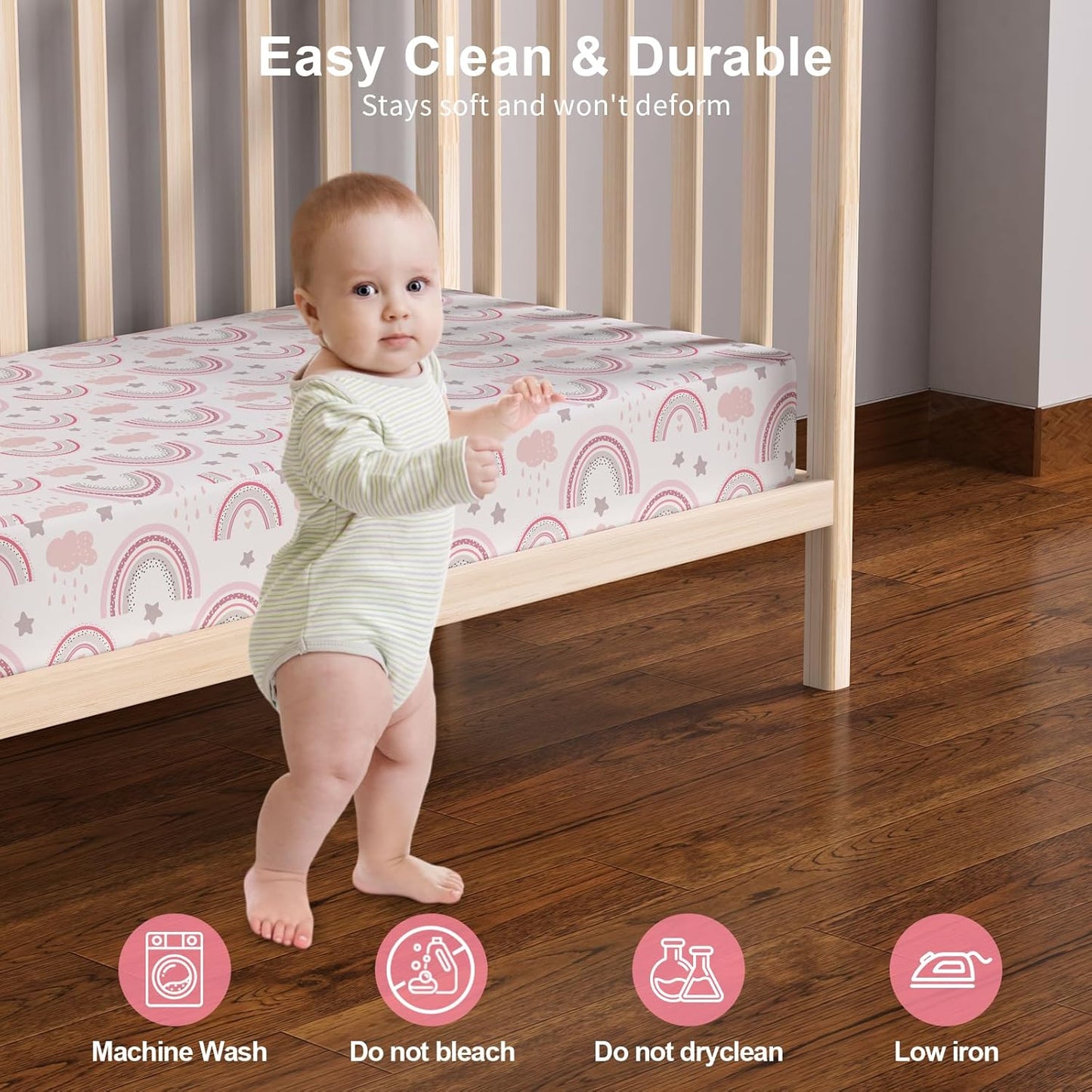 Baby Crib Sheets 2 Pack for Boys and Girls Fit for Standard Crib Toddler Mattress Breathable Soft Microfiber Baby Sheet 28x52x8in (Pink Rainbow & Pink)