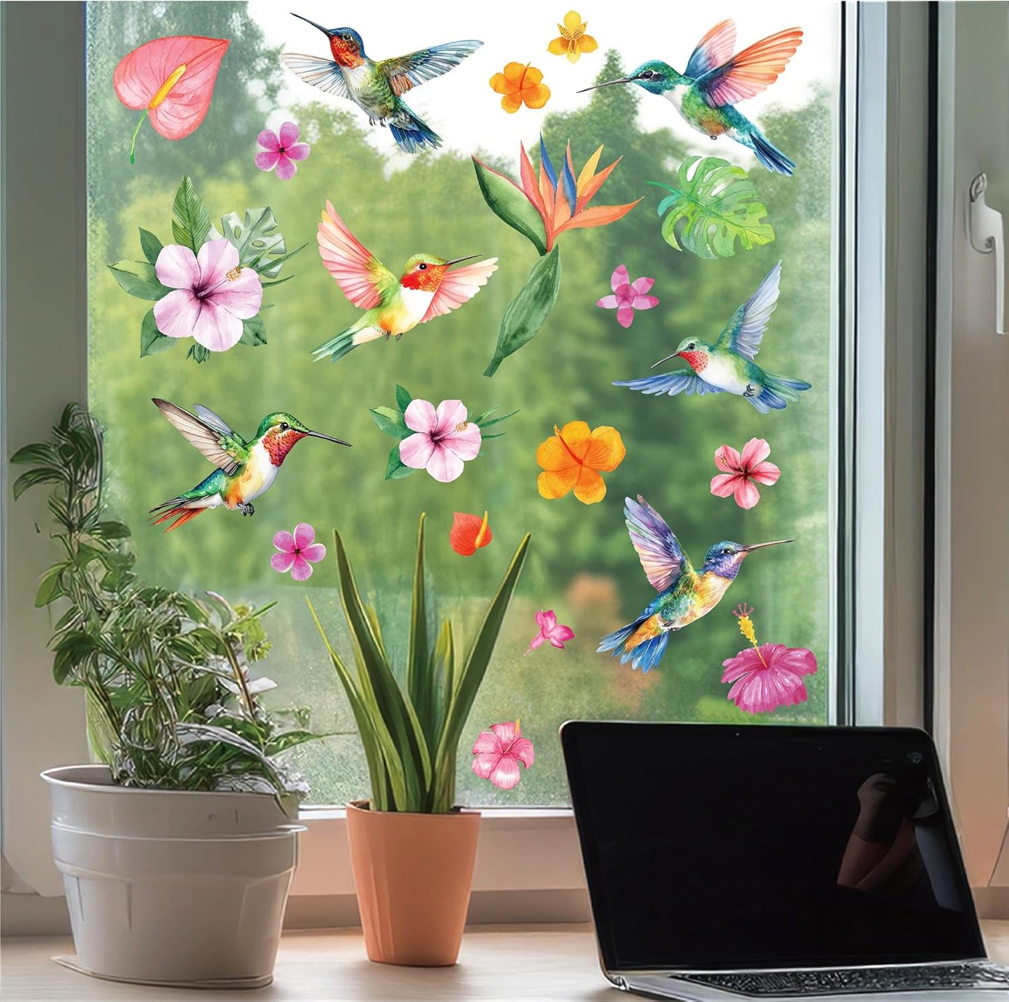 Hummingbird Flowers Window Clings - 5 Sheets Anti-Collision Window Stickers Bird Alert Collision Decals to Prevent Bird Strikes Non Adhesive Vinyl Stickers