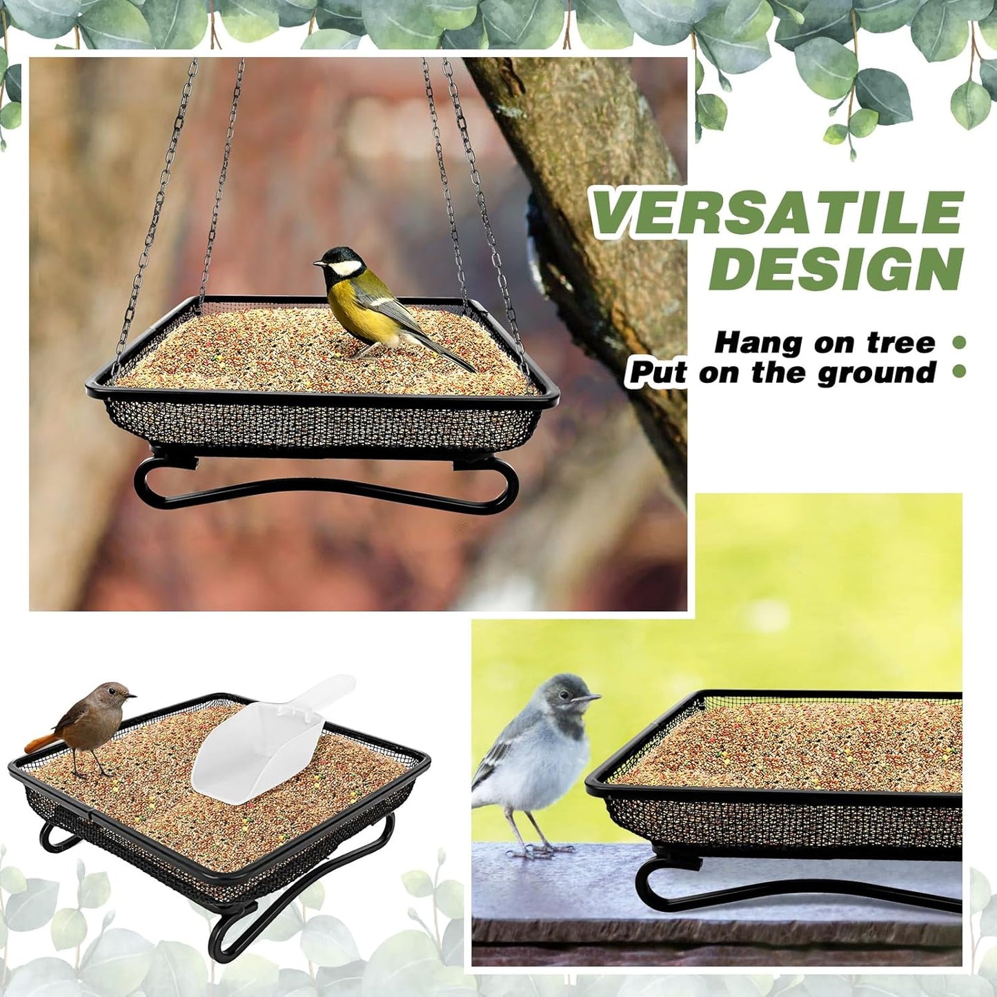 3 Pcs Platform Bird Feeder with Scoop, 6.7 x 6.7 x 2.2 in Ground Bird 