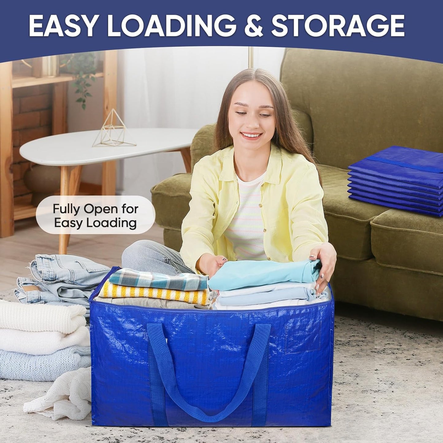 TICONN 6 Pack Extra Large Moving Bags Heavy Duty with Zippers & Carrying Handles, Durable Storage Bags Moving Boxes for Closet Organizers and Storage (6 Pack, Blue)