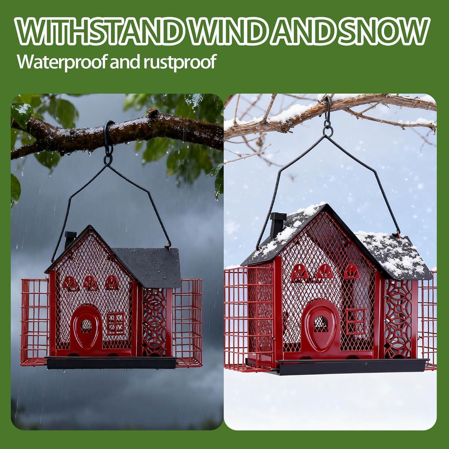 Outdoor Hanging Bird Feeder Large Capacity Durable and Sturdy Decorative Metal Bird Feeder Green and Black Two-Tone Waterproof Design with Sloped Tray Easy-Fill Wild Bird House (Red)