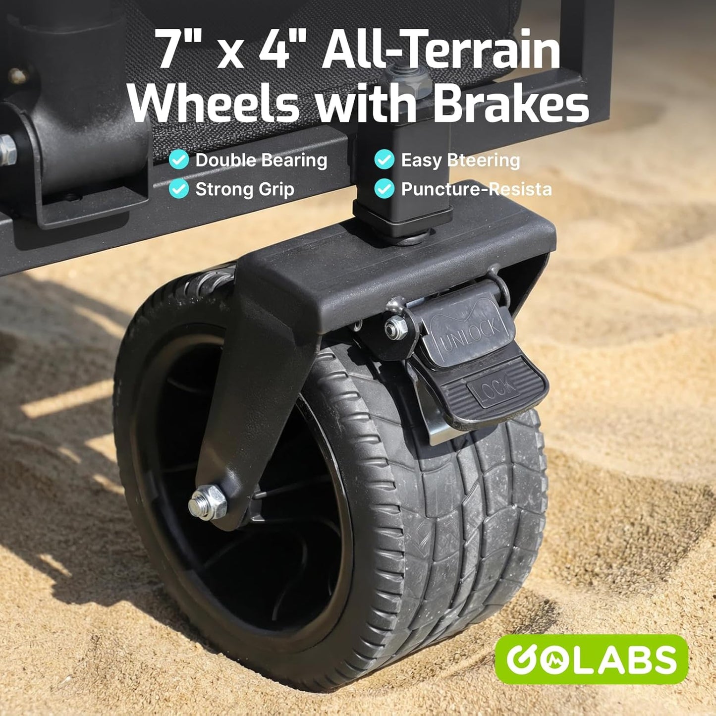 Golabs WA2 Wagon Cart Max 440lbs Load & Expandable Storage 205L, Heavy Duty Beach Wagon w/ 7×4" Big All-Terrain Wheel, 3S Quick Fold &Flexible Steering Design,2 Side Strap Design for Garden & Camping