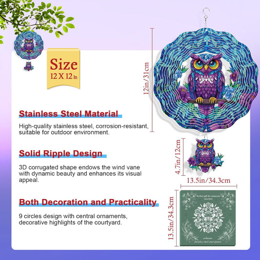 Owl Wind Spinner Gifts for Women, Owl Hanging Wind Spinners Outdoor Gifts for Mom Men Grandma Husband, Bird 3D Stainless Steel Metal Xmas Decor for Yard and Garden Christmas (12 X 12 Inches)