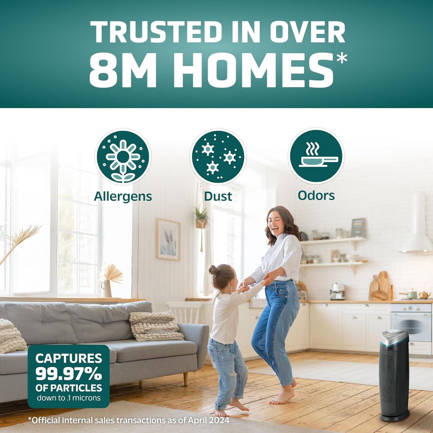 GermGuardian HEPA Air Purifier for Home, Large Rooms - 743 Sq. Ft. with HEPA Air Filter, UV-C Light & Odor Reduction, AC4825E, 22" Tower, Gray
