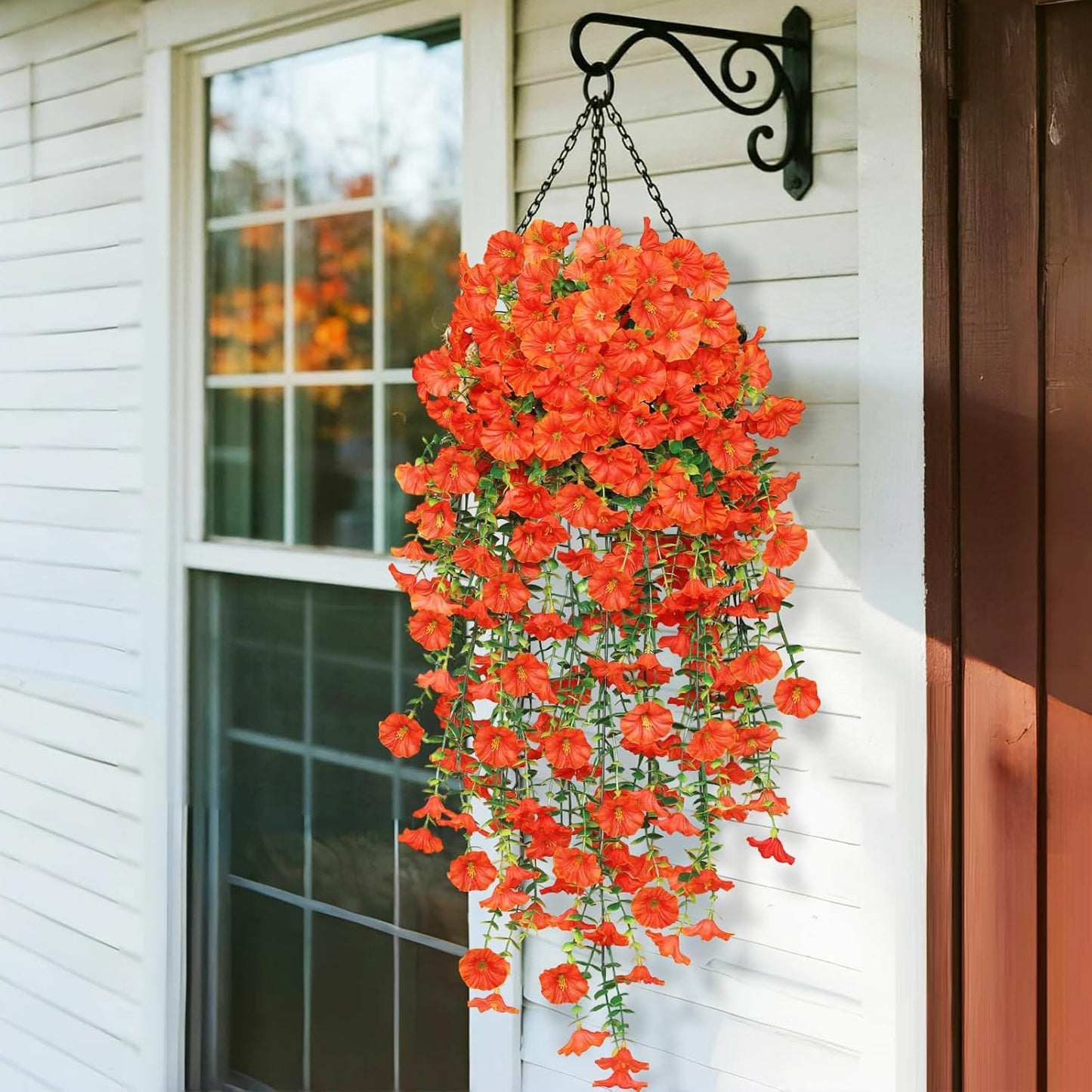 Artificial Fake Fall Hanging Flowers for Outdoors, 2 PCS Faux Silk Orange Morning Glory Trailing Vines UV Resistant No Fade Hanging Plants for Autumn Home Balcony Yard Box Pot Planter Decor