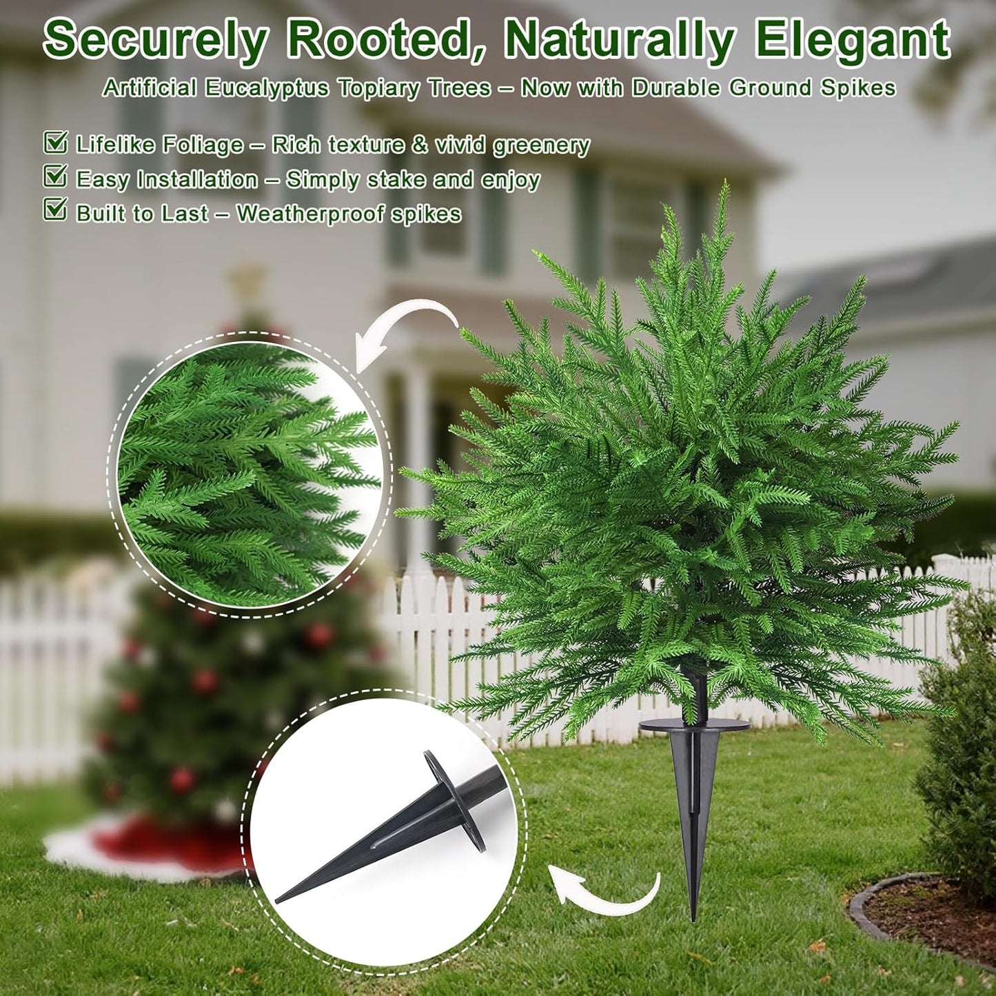 Artificial Topiary Ball Trees, 2 Pack 28'' UV Resistant Faux Cedar Bushes, Outdoor Indoor Decorative Evergreen Plants with Ground Spikes for Patio Garden Porch Decor