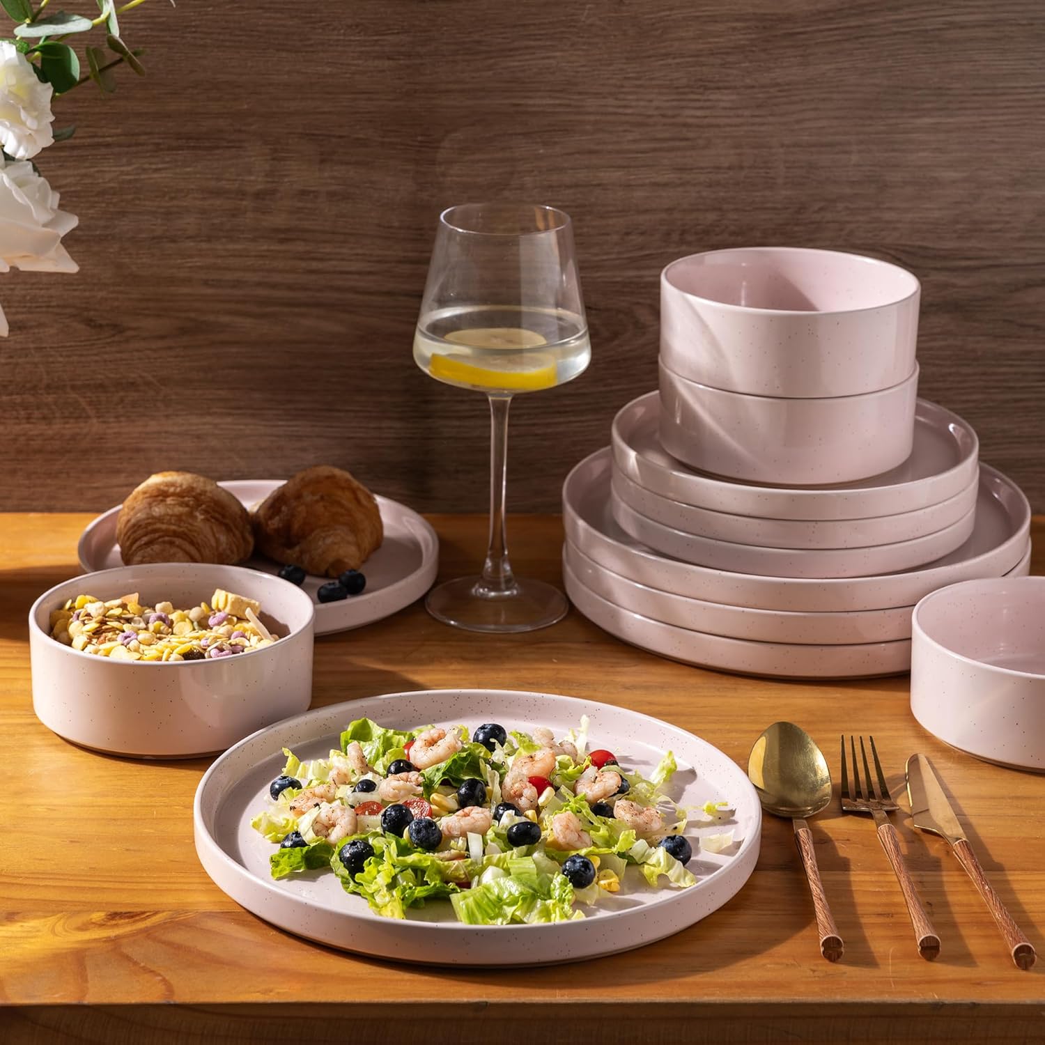 AmorArc Ceramic Dinnerware Set for 4 | Speckled Stoneware Plates and B