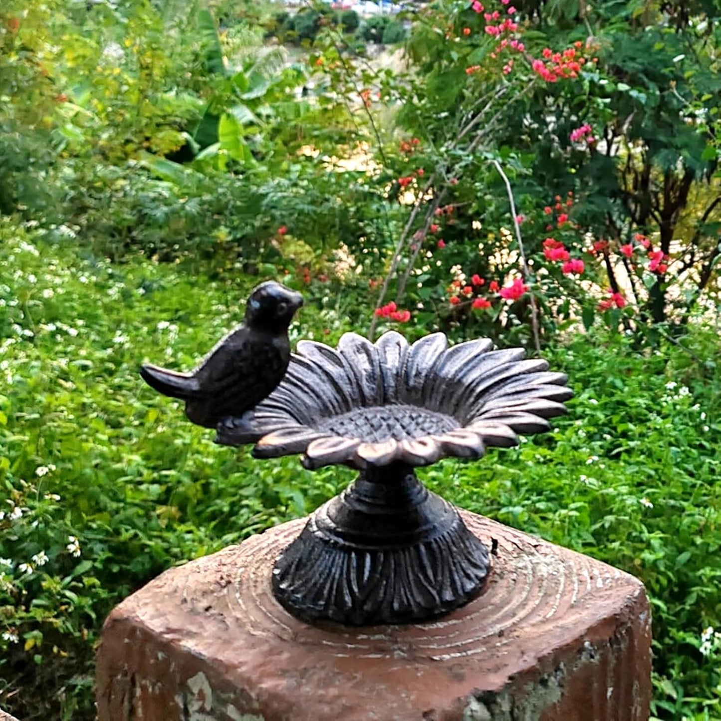 GXXMEI 5.5" Cast Iron Birdfeeder Birdbath Outdoor Garden, Dark Brown(Small Size)