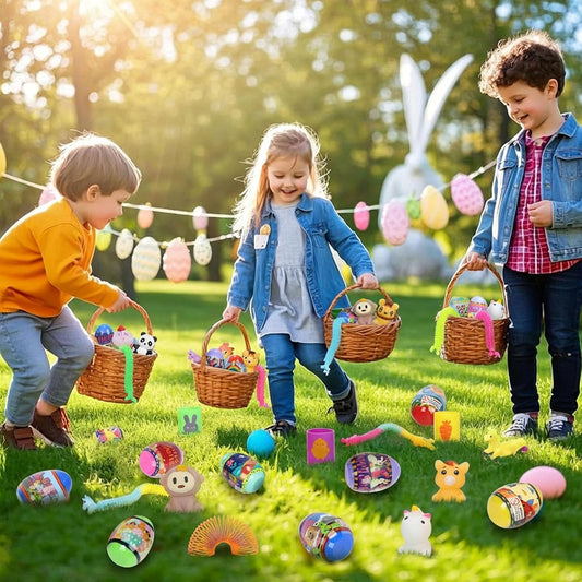 24 Pack Easter Eggs with Toy Inside,Includes Coil Springs,Squishies,Sticky Hands,Stretchy Strings for Easter Basket Stuffers,Party Favors,Egg Hunts