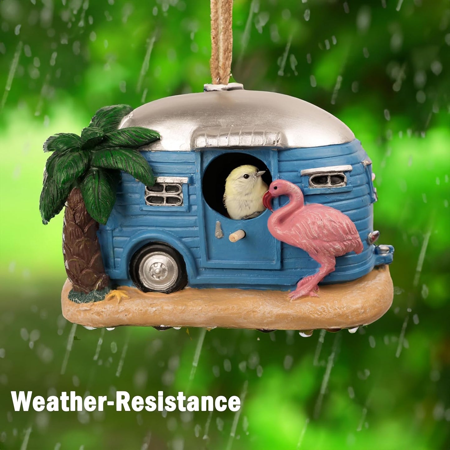 Bird Houses for Outside, Decorative Cute Resin Flamingo RV Hanging Bird House for Outdoor Patio Garden
