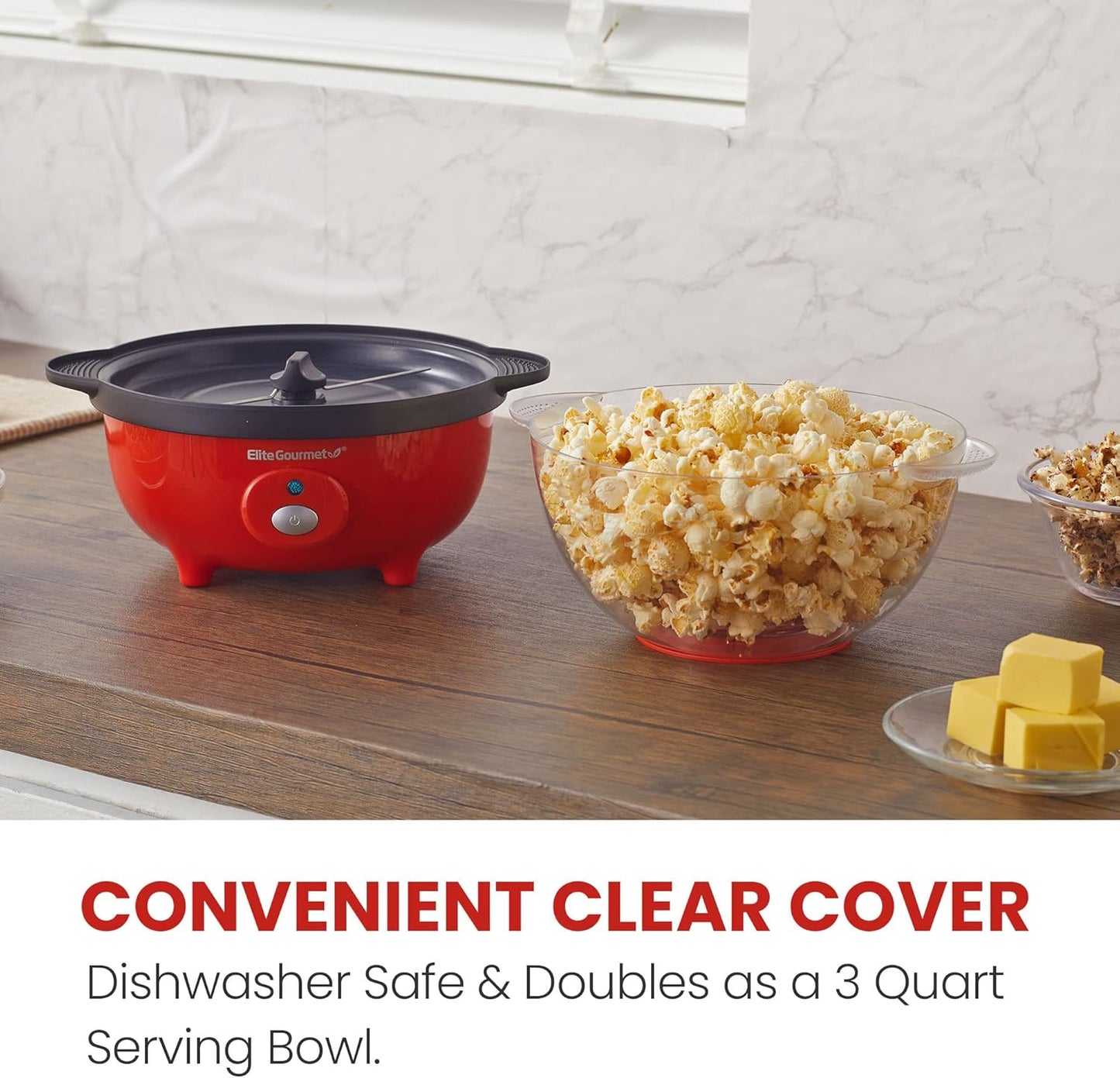 Elite Gourmet EPM330R Automatic Stirring 12-cup Popcorn Maker Popper, Hot Oil Popcorn Machine w/Measuring Cap & Built-in Reversible Serving Bowl, Great for Home Party Kids, Safety ETL Approved, Red