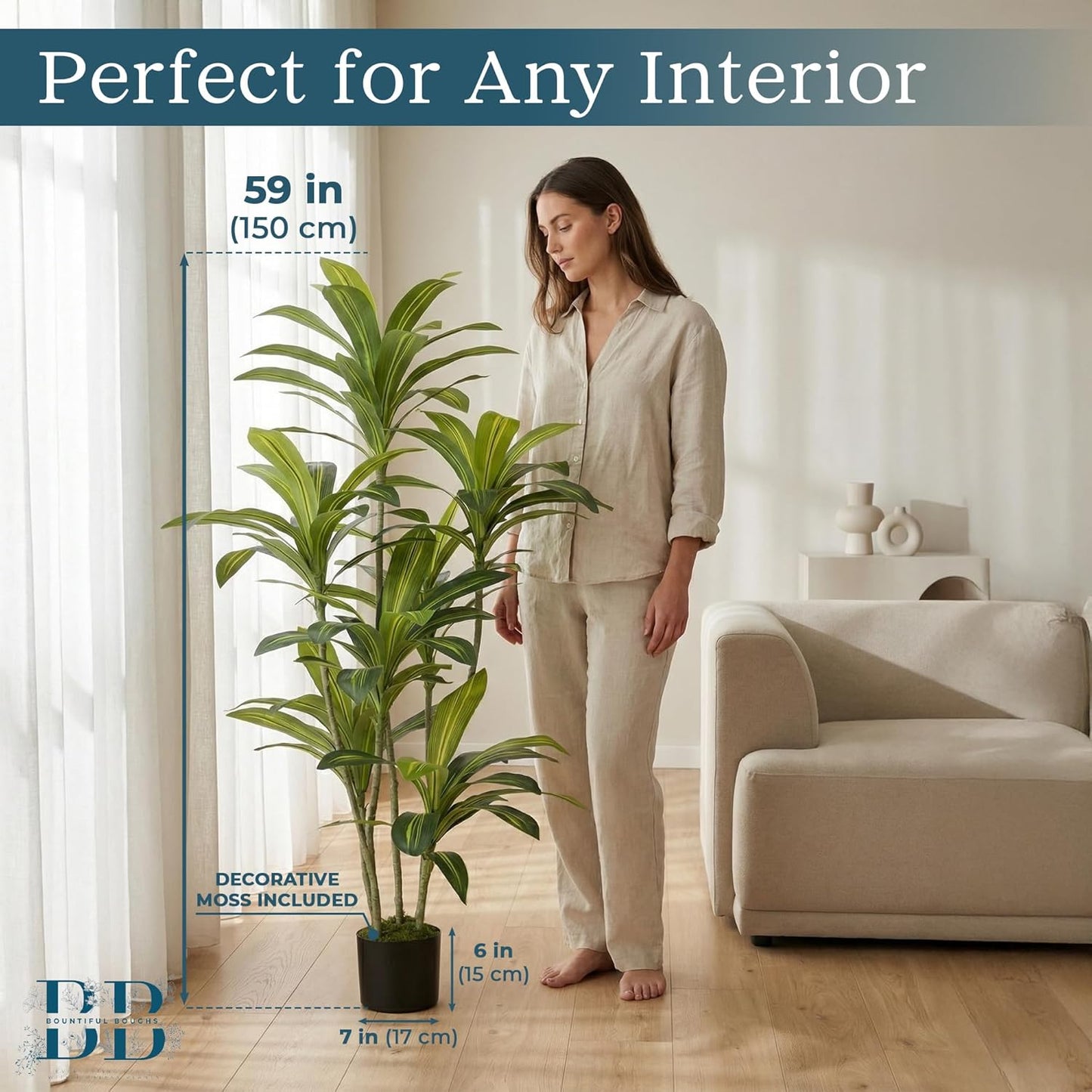 5’ (150 cm) Dracaena Artificial Tree with Small Black Pot & Moss – Realistic Natural Look, Maintenance-Free Indoor & Outdoor Plant for Home, Office, Balcony & Patio