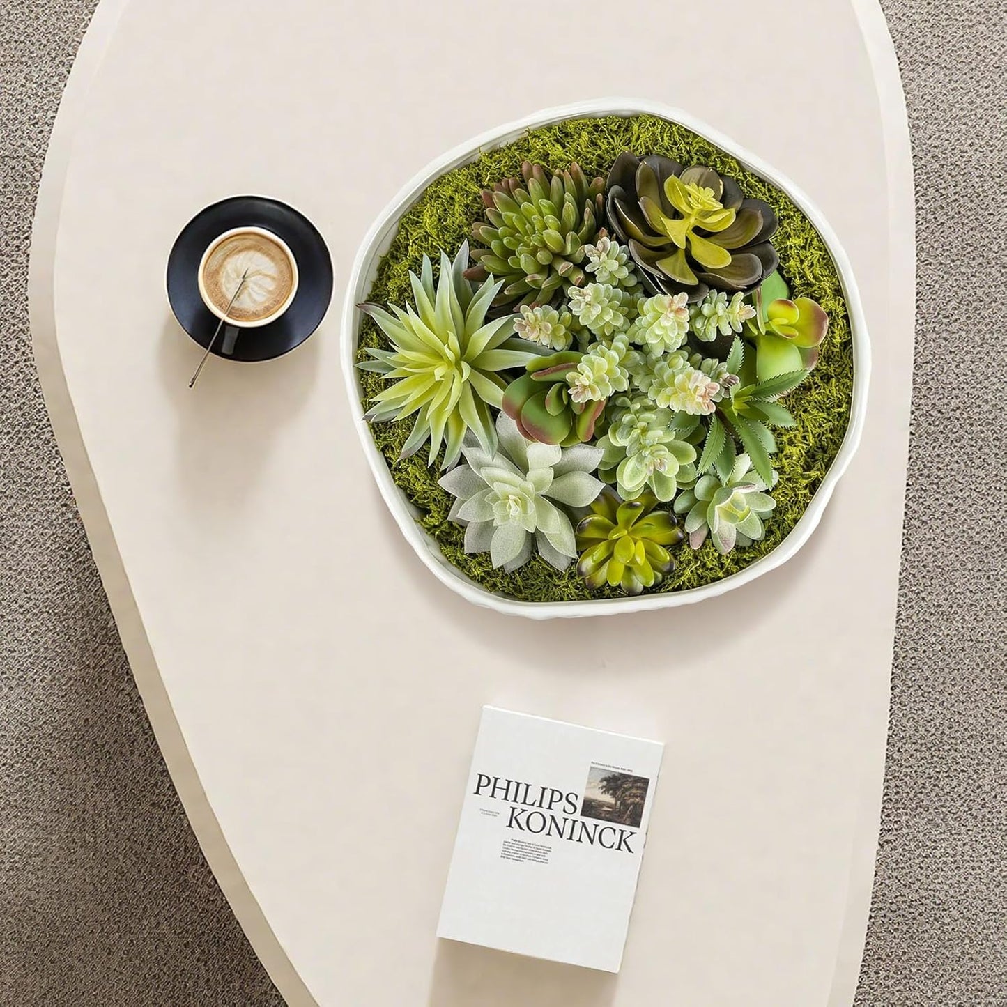White Ceramic Flower Pot with Realistic Succulent Plants and Moss for Interior (Gary)