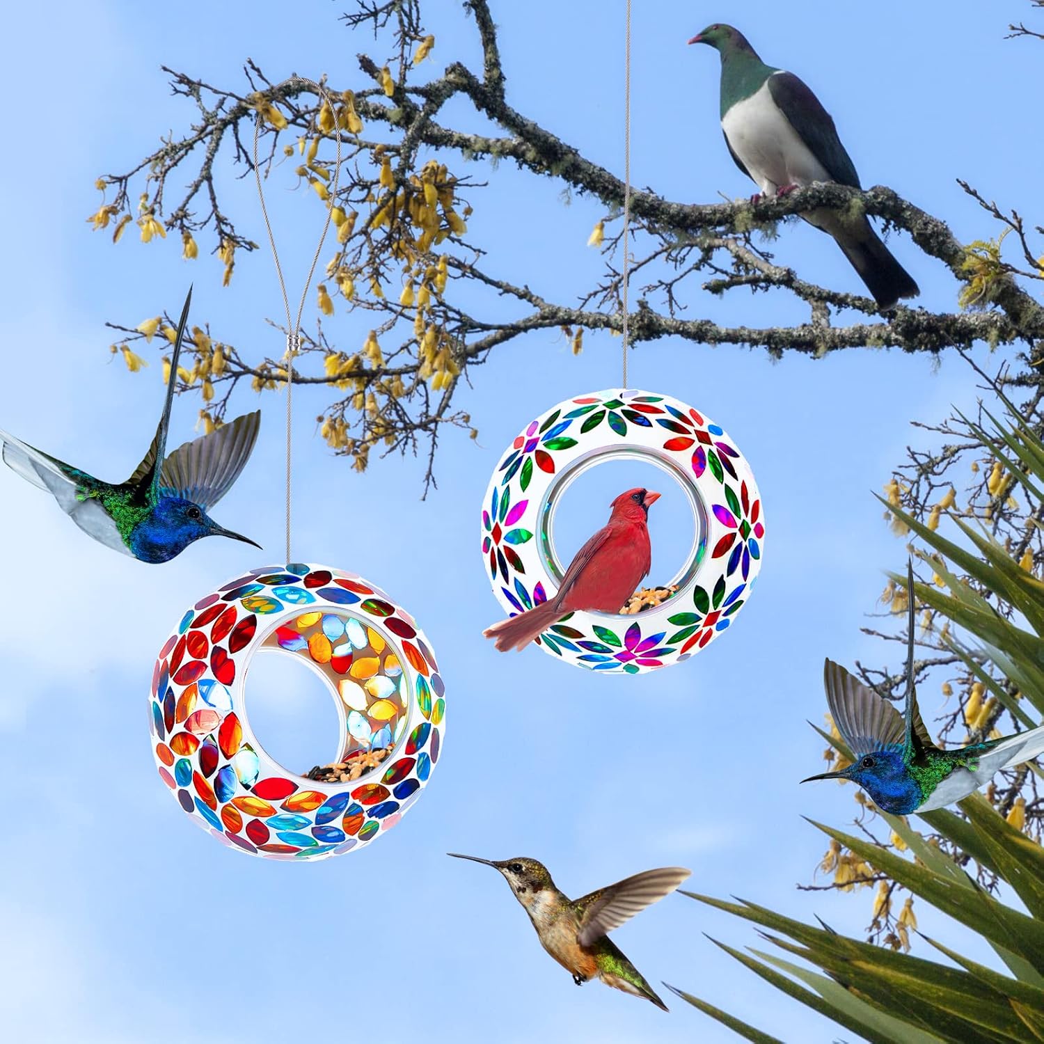 2 Pcs Mosaic Glass Hanging Bird Feeder Round Fly Through Balcony Bird 