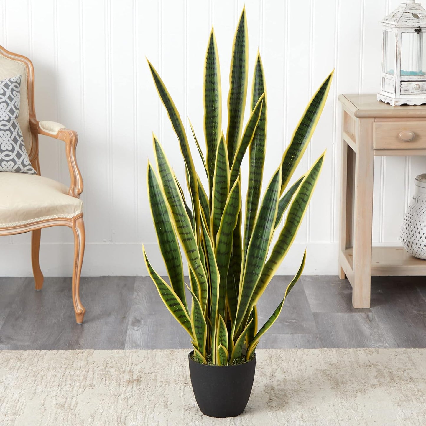 Nearly Natural 4-ft Artificial Tall Snake Plant Sansevieria, Yellow Faux Snake Plant for Indoor Home Decor in Black Decorative Planter, 48-in Large Fake Plant for Office, Living Room, Bedroom