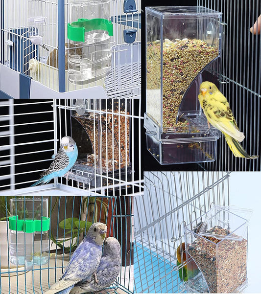 Kenond No Mess Bird Feeder Water Dispenser Set, Automatic Parrot Cage Accessories, Acrylic Parakeet Seed Food Drinker for Cockatiel, Squirrel, Finch, Lovebirds, Budgies, Canary