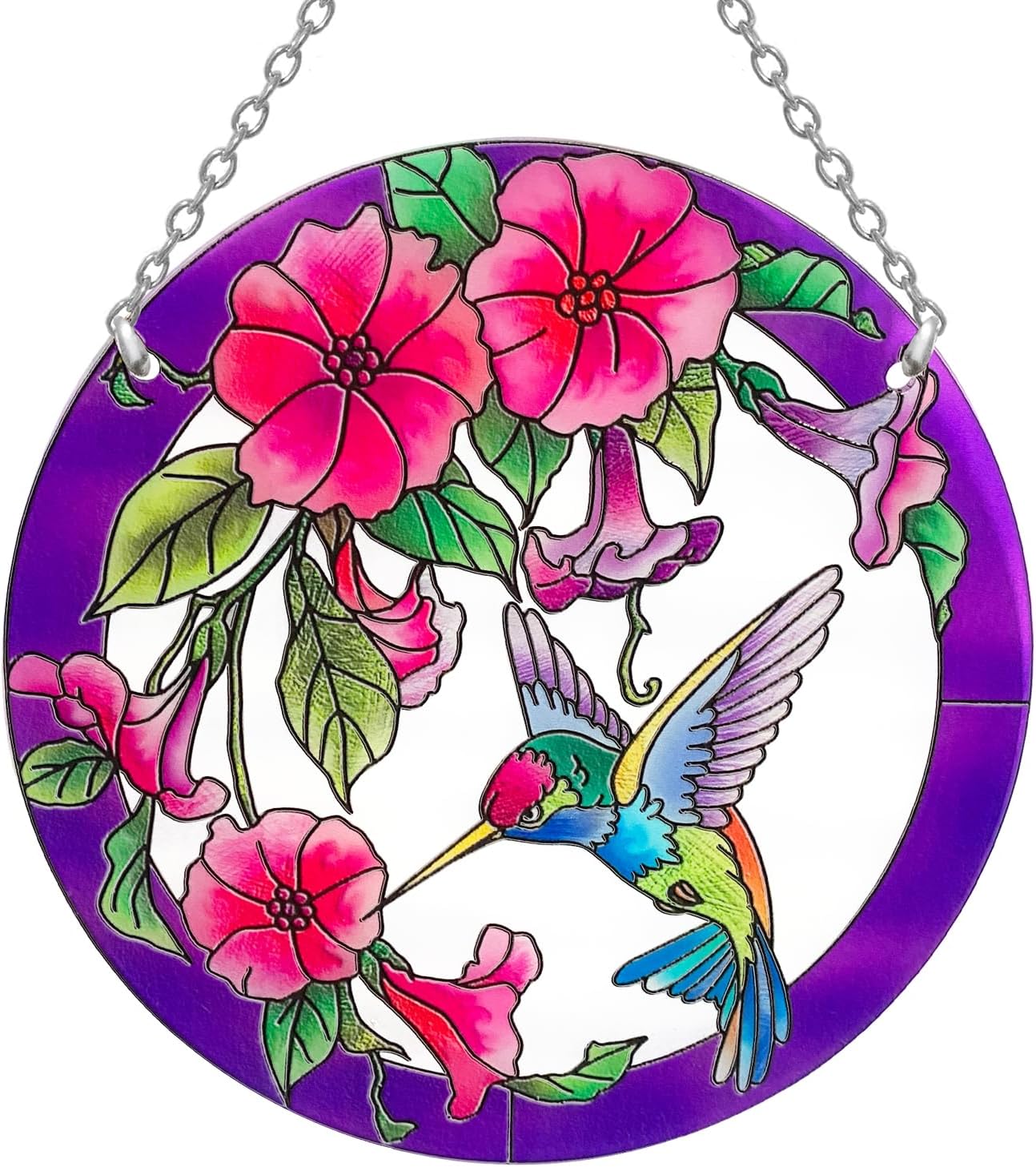 Stained Glass Window Hanging, Hummingbird Gifts for Women, Bird and Flowers Suncatcher for Window, 6" Purple Sun Catchers, Hand Painted Glass for Birds Lover (6 inch)
