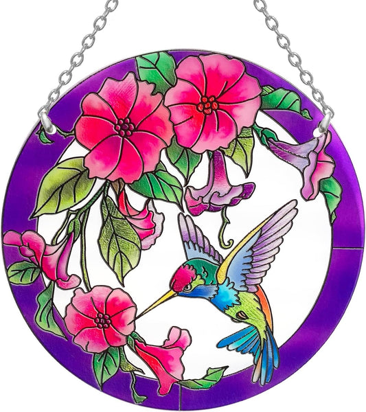 Stained Glass Window Hanging, Hummingbird Gifts for Women, Bird and Flowers Suncatcher for Window, 6" Purple Sun Catchers, Hand Painted Glass for Birds Lover (6 inch)