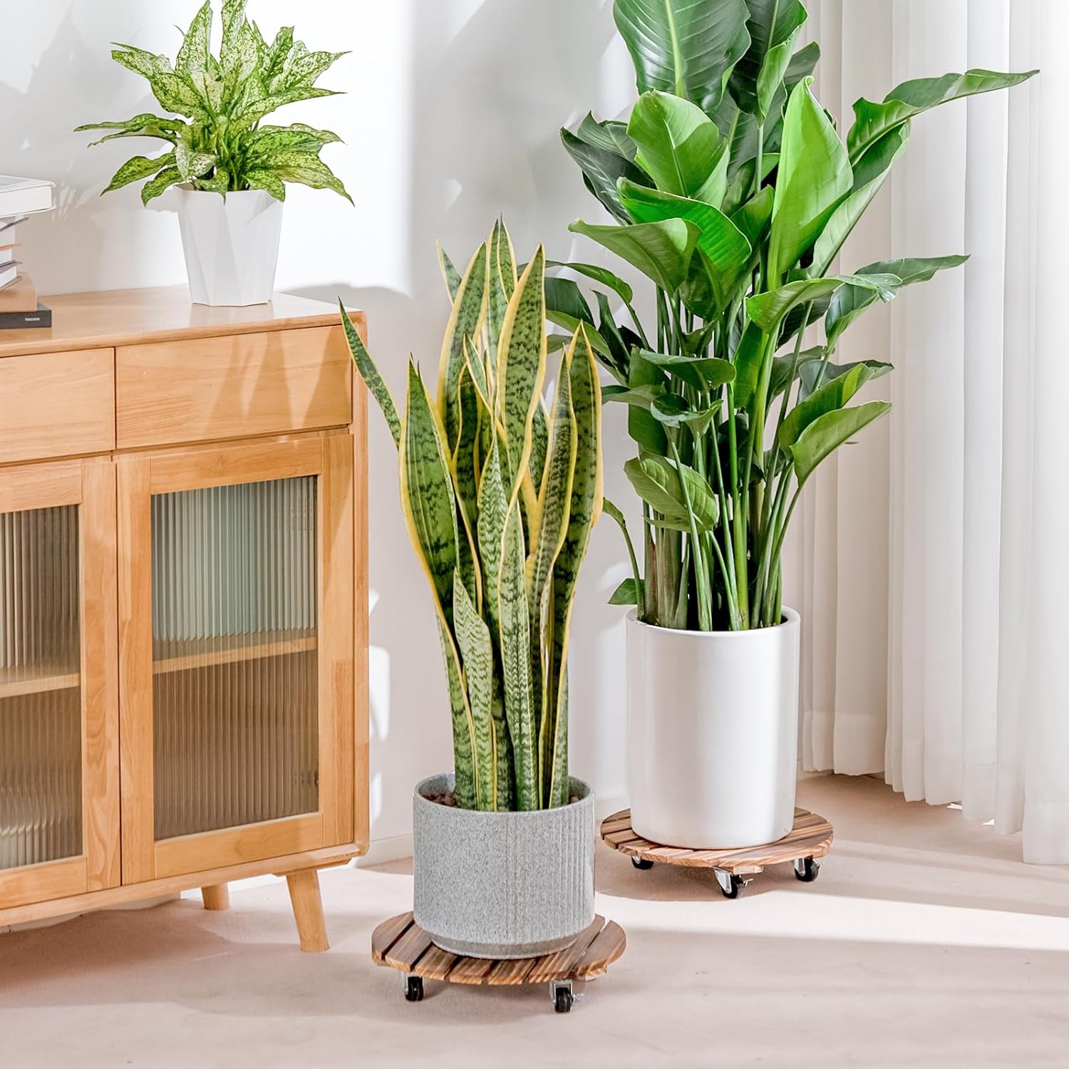 Bamworld Plant Stand Outdoor Rolling Tray Plant Caddy with Wheels 12in