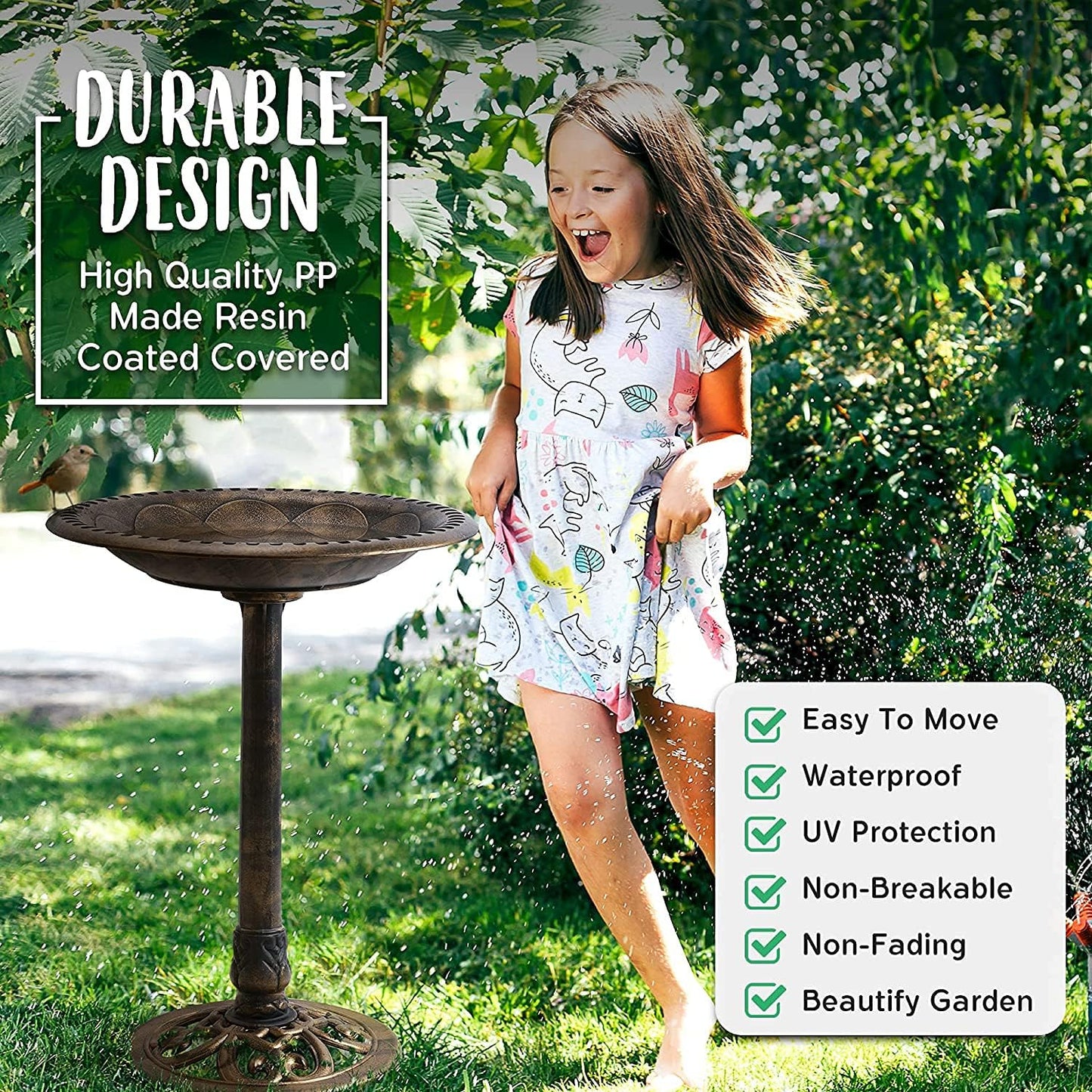 Outdoor Bird Bath, 28" Water Feeder Rustic Resin Bird Bath, Lightweight Birdbaths for The Garden (Copper)