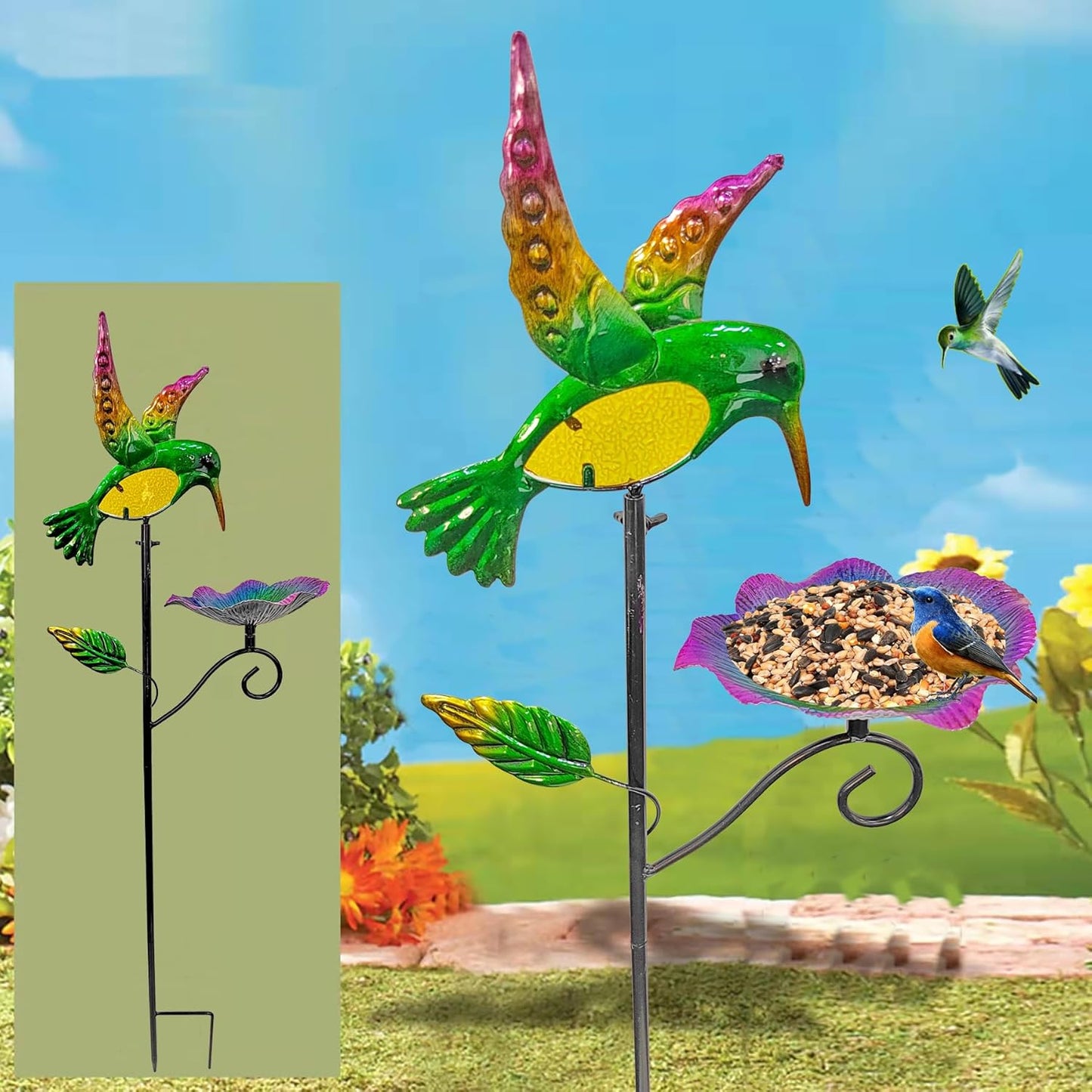 Outdoor Metal Bird Feeding Stake, Hummingbird Bath And Bird Feeding Platform for Garden Yard Backyard Decoration, Featuring a Bright Colorful Tray to Attract Wild Birds (Hummingbird feeder stake)