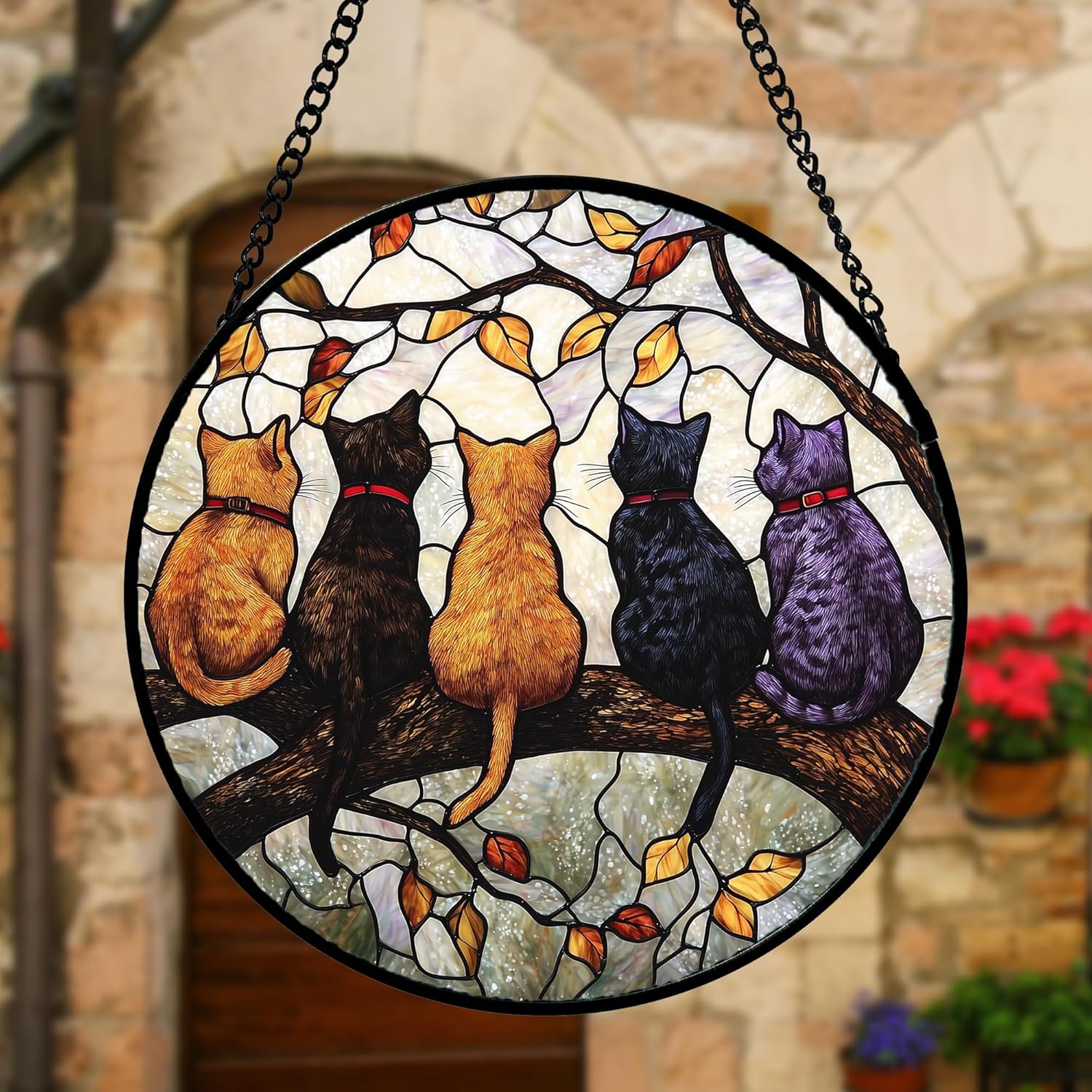 Stained Glass Window Hanging - 5 Cats on a Branch Suncatcher for Windo