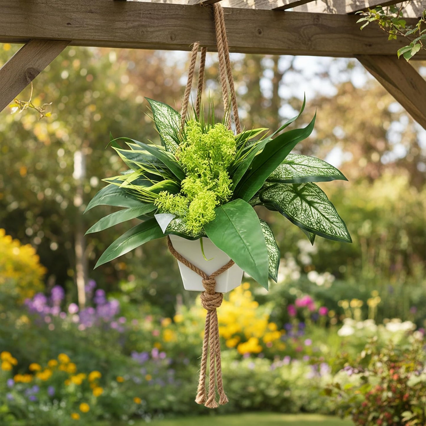 Artificial Plants, Green Foliage Arrangement with Planter Pot, UV Resistant Plastic, 15x11x4 Inches, Outdoor Patio Decoration