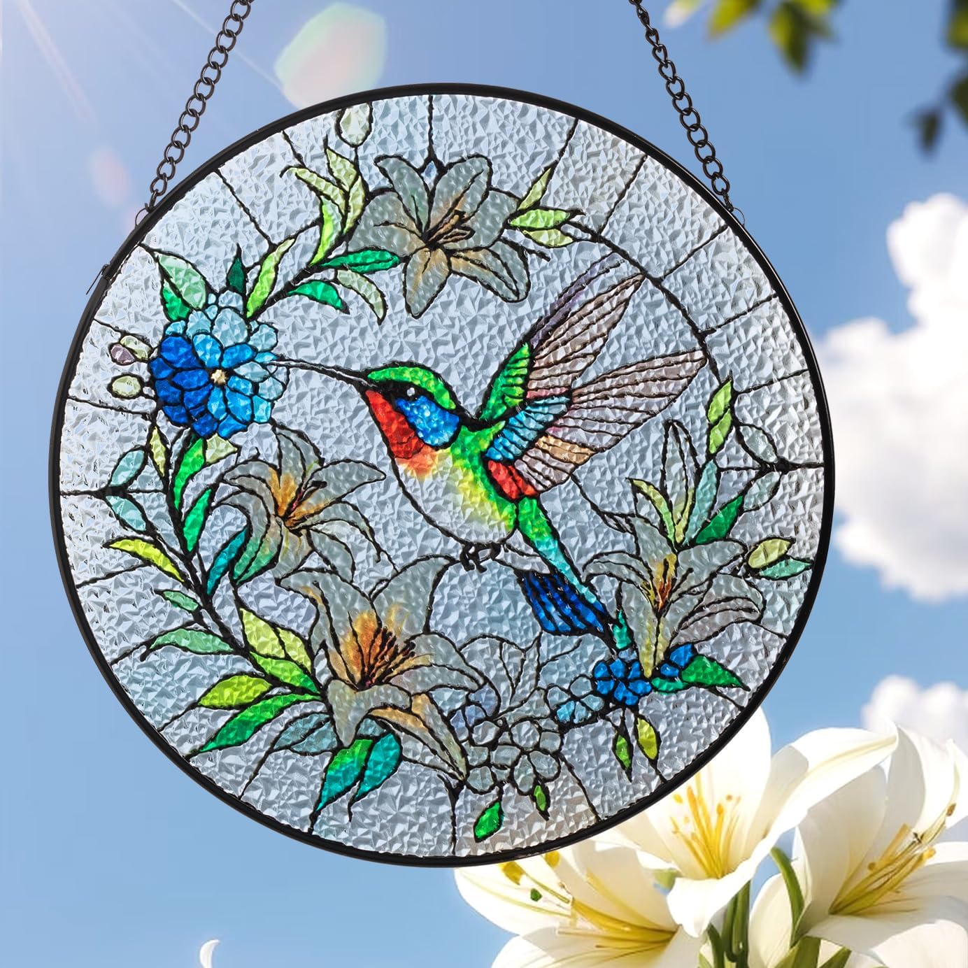 Sun Catcher Stained Glass Window Hanging 8 inch Birds & Flowers Suncatcher Wall Art Home Decor Sun Catchers Decoration for Garden Home Housewarming Gifts