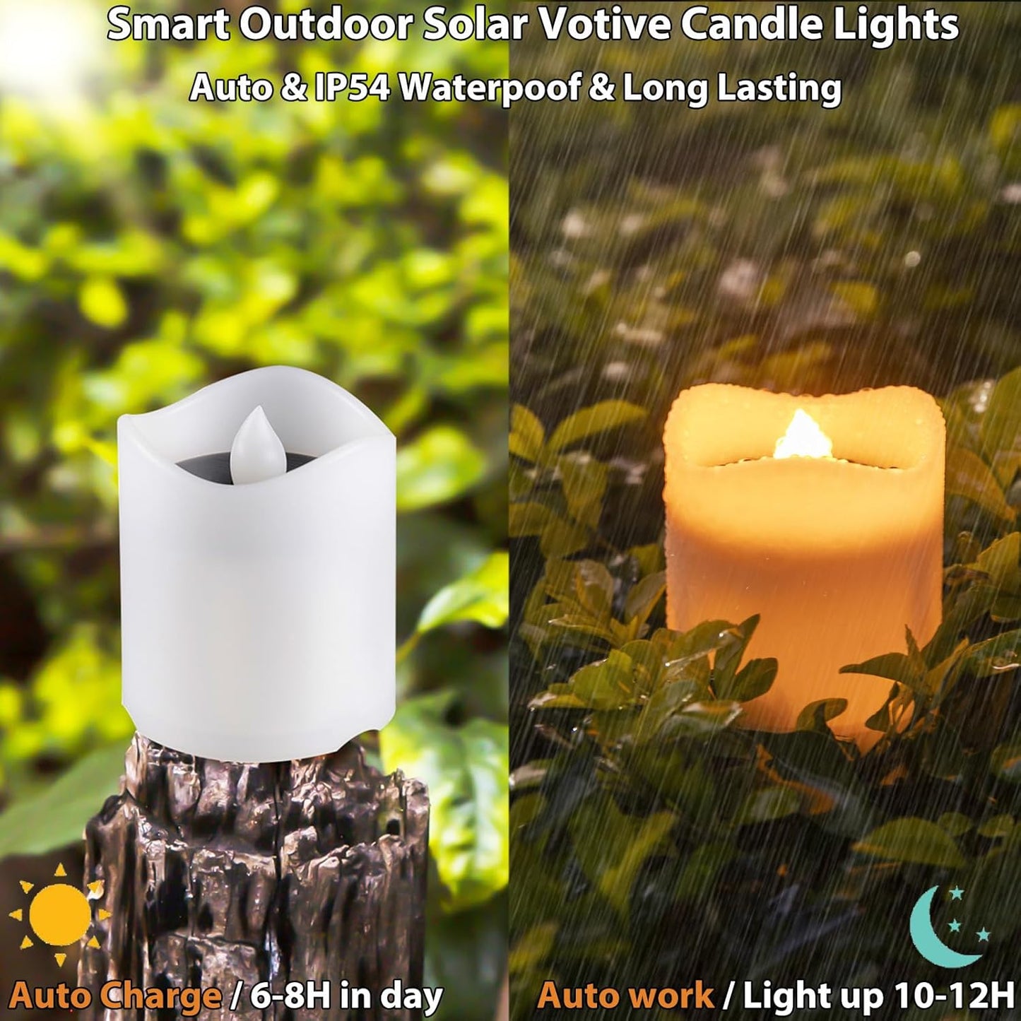 Solar Candles Outdoor Waterproof, 4pcs Rechargeable Dusk to Dawn Little Votive Candles, Flameless Flickering Solar Tea Lights for Patio Yard Deck Pathway Window Outdoor Lantern Decor(Warm Amber)