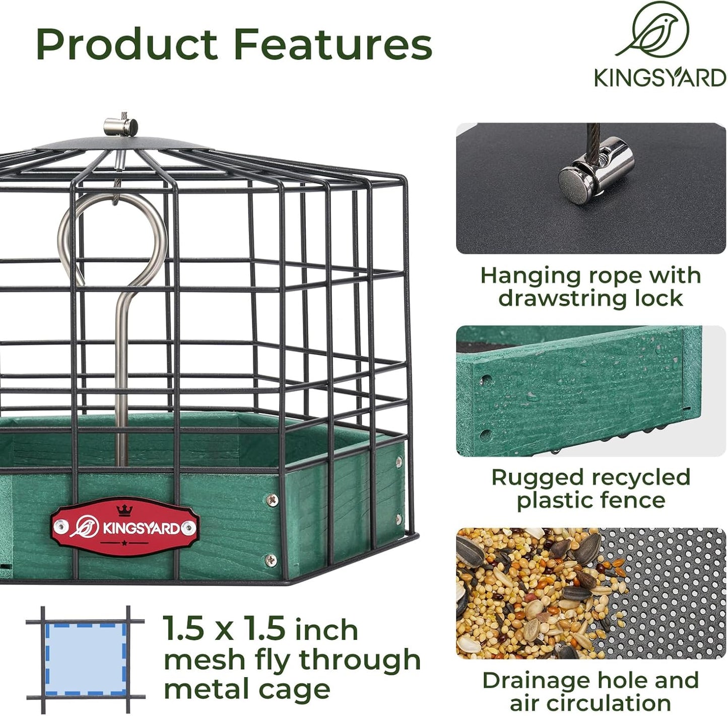 Kingsyard Squirrel Proof Platform Bird Feeders for Outdoor Hanging, 10" Wide Metal Caged Bird Feeder for Small Wildbirds Finches, Recycled Plastic Feeding Platform with Metal Seed Tray, Green