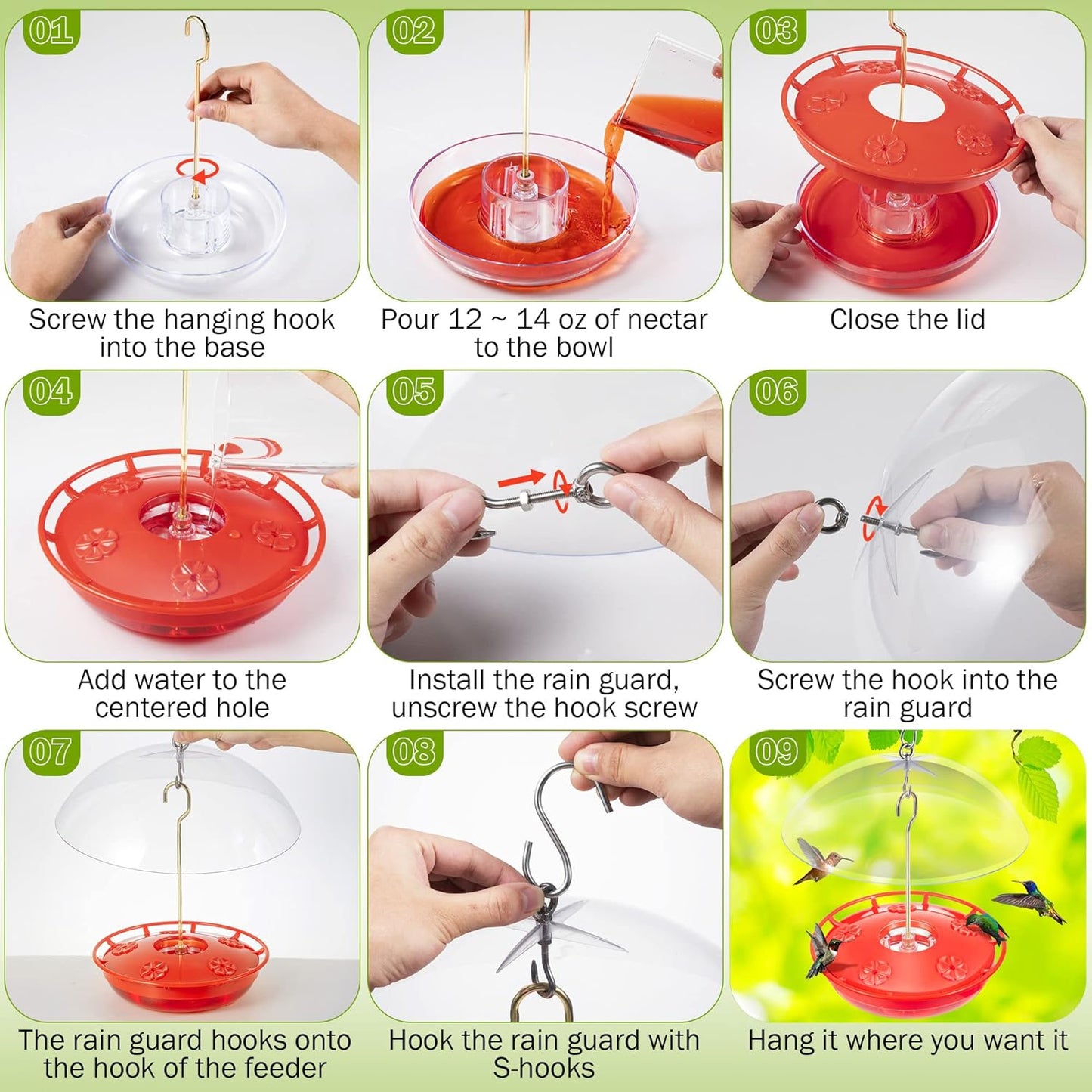 15.5 OZ Hanging Hummingbird Feeders for Outdoors with Rain Guard, Leak Proof Saucer Humming Bird Feeders with Ant Moat, 5 Flower Feeding Ports and Cleaning Brush for Garden Yard Patio (1 Pack)