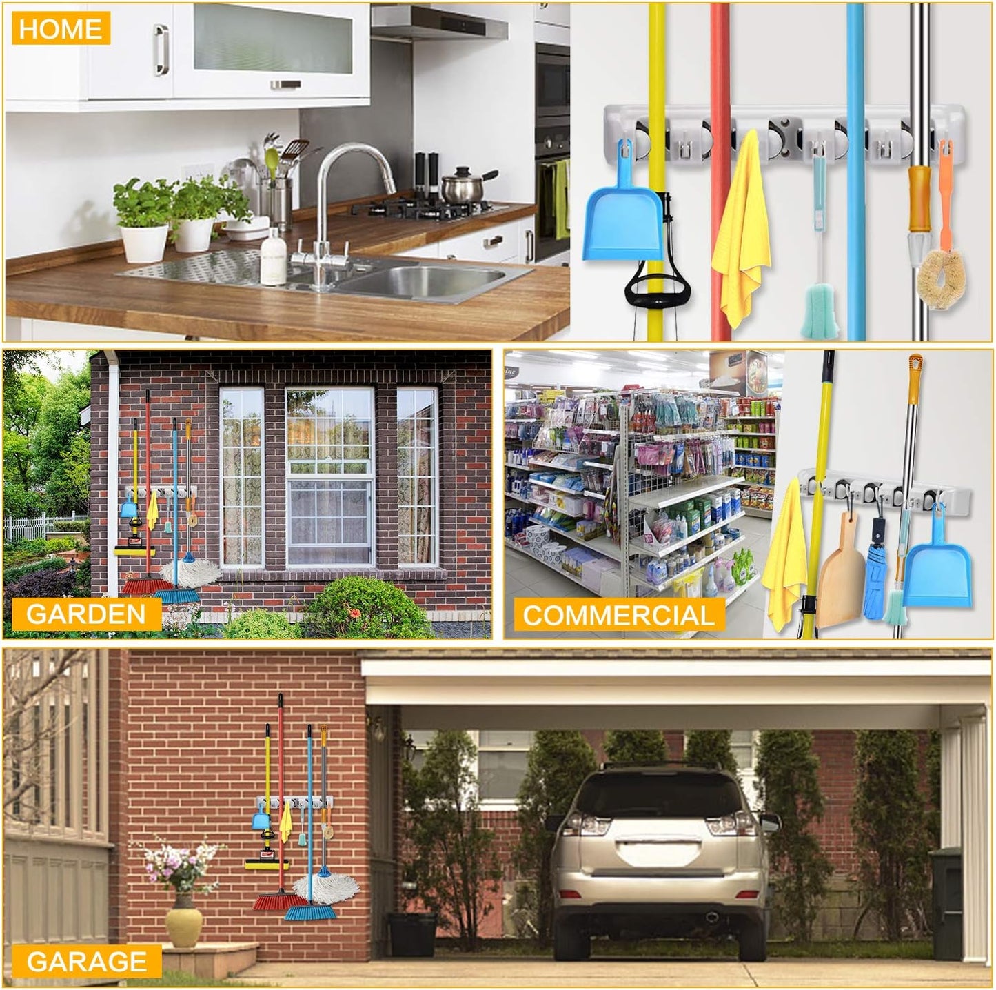 Champs Mop Broom Holder Wall Mounted Commercial Organizer Storage Rack for Garden Tools, Kitchen, Garage and Laundry [5 Slots with 6 Hooks]