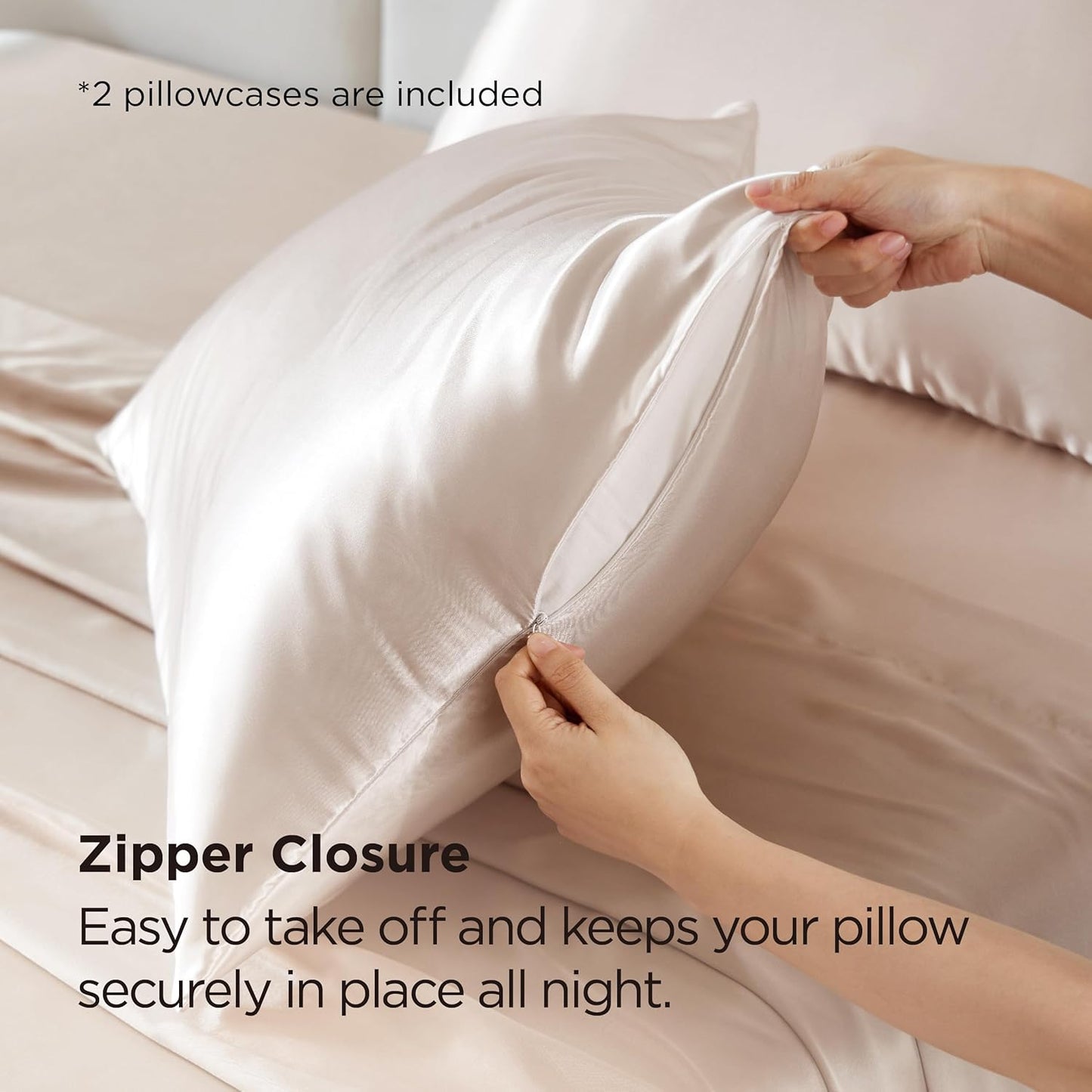 Bedsure Satin Pillowcase with Zipper, Similar to Silk Pillow Cases 2 Pack, Beige Standard Size Satin Pillow Case, Silky & Soft Pillow Covers, Valentines Day Gifts for Women Men, 20x26 Inches
