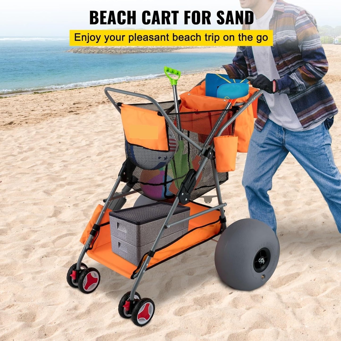 Folding Wagon Cart Orange/Blue Portable Outdoor Camping Beach Multifunction Adjustable Handle for Picnic Bbq Trolley,High Efficiency(Orange)