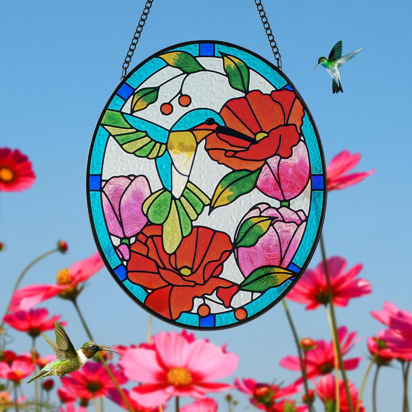 Stained Glass Window Hangings Decor Hand-Painted Pendant Suncatcher Panel with Chain (10x8 Hummingbird)